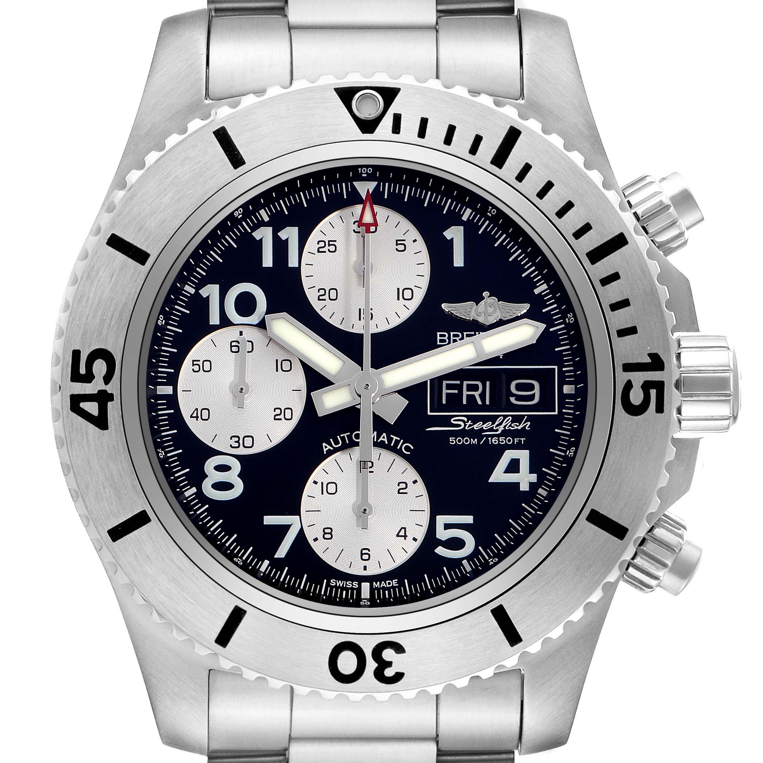 The Bentley model by Breitling is shown from a front angle, highlighting the dial, bezel, and stainless steel bracelet.