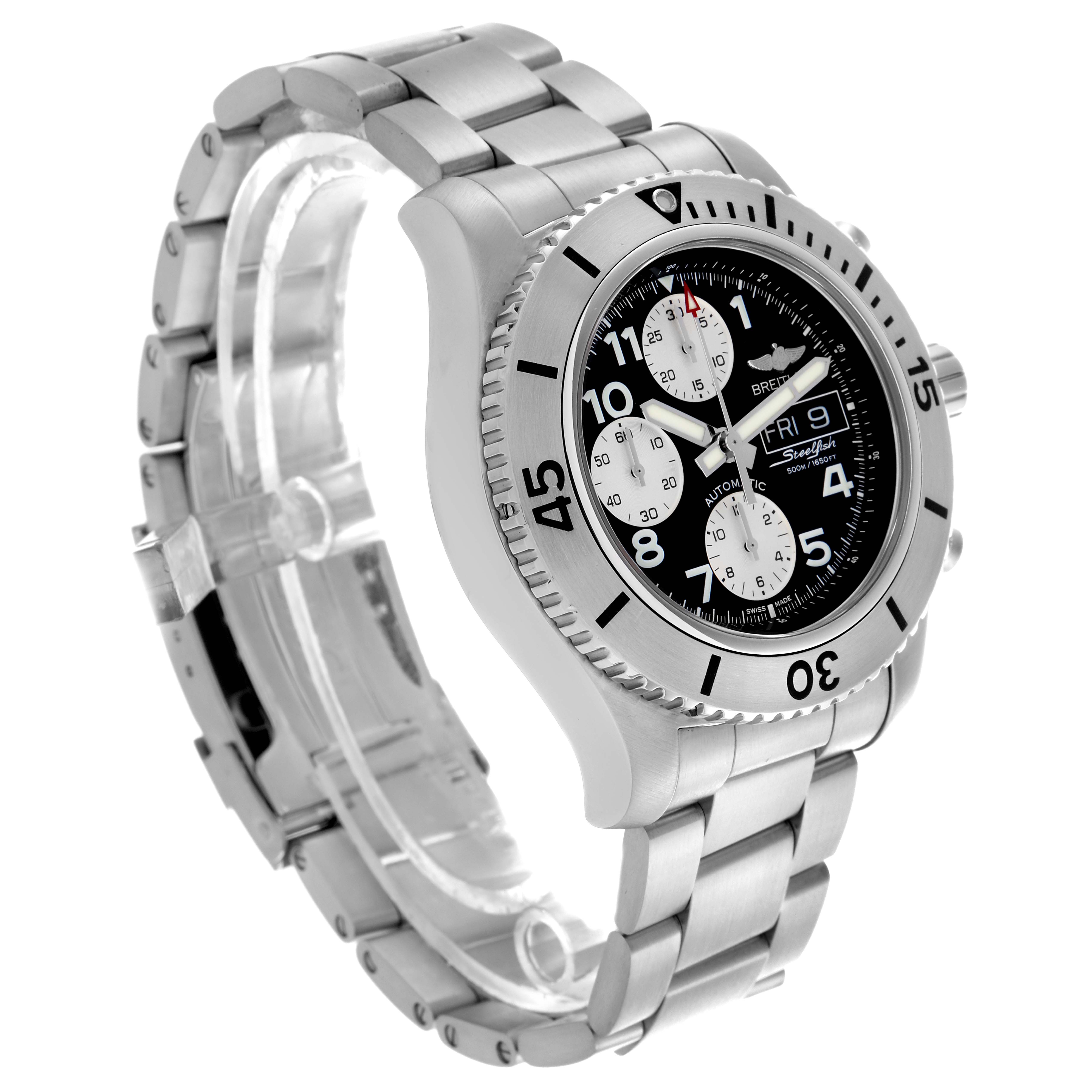 The Breitling Bentley A13341 Men's Stainless Steel Black Dial A13341 Men's Stainless Steel Black Dial watch is shown at a three-quarter angle, highlighting the bezel, dial, and metal bracelet.