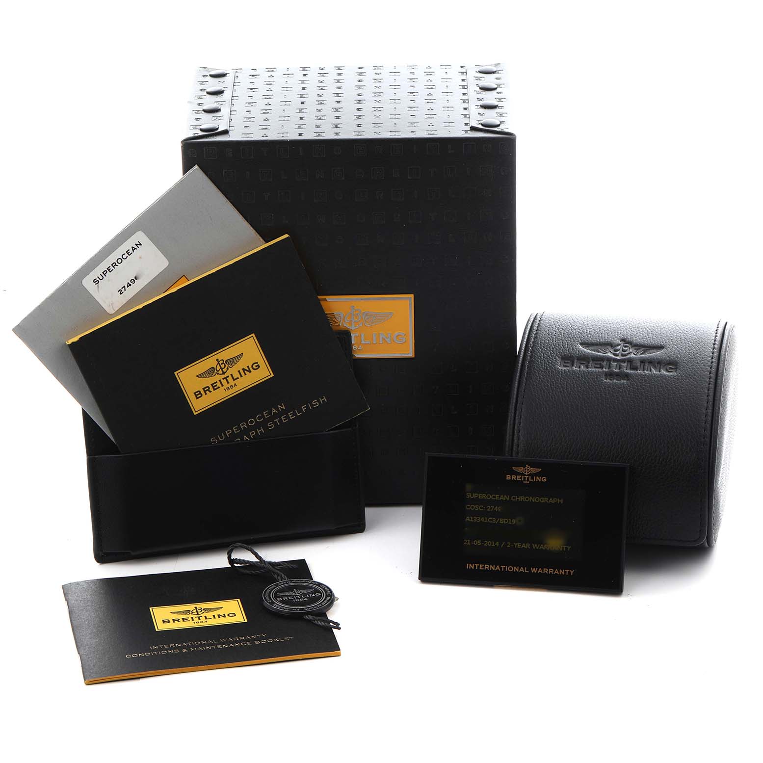 The image shows the Breitling Bentley A13341 Men's Stainless Steel Black Dial A13341 Men's Stainless Steel Black Dial watch box, manual, warranty card, and watch case, viewed from the front.