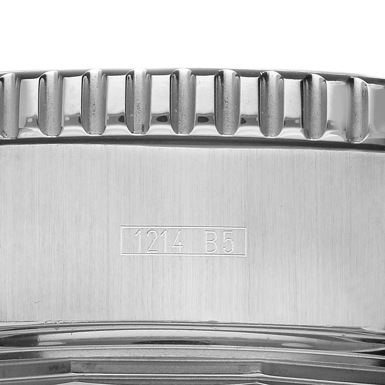 The image shows a close-up of the side of the Breitling Bentley A13341 Men's Stainless Steel Black Dial A13341 Men's Stainless Steel Black Dial watch, highlighting the engraved bezel and case.