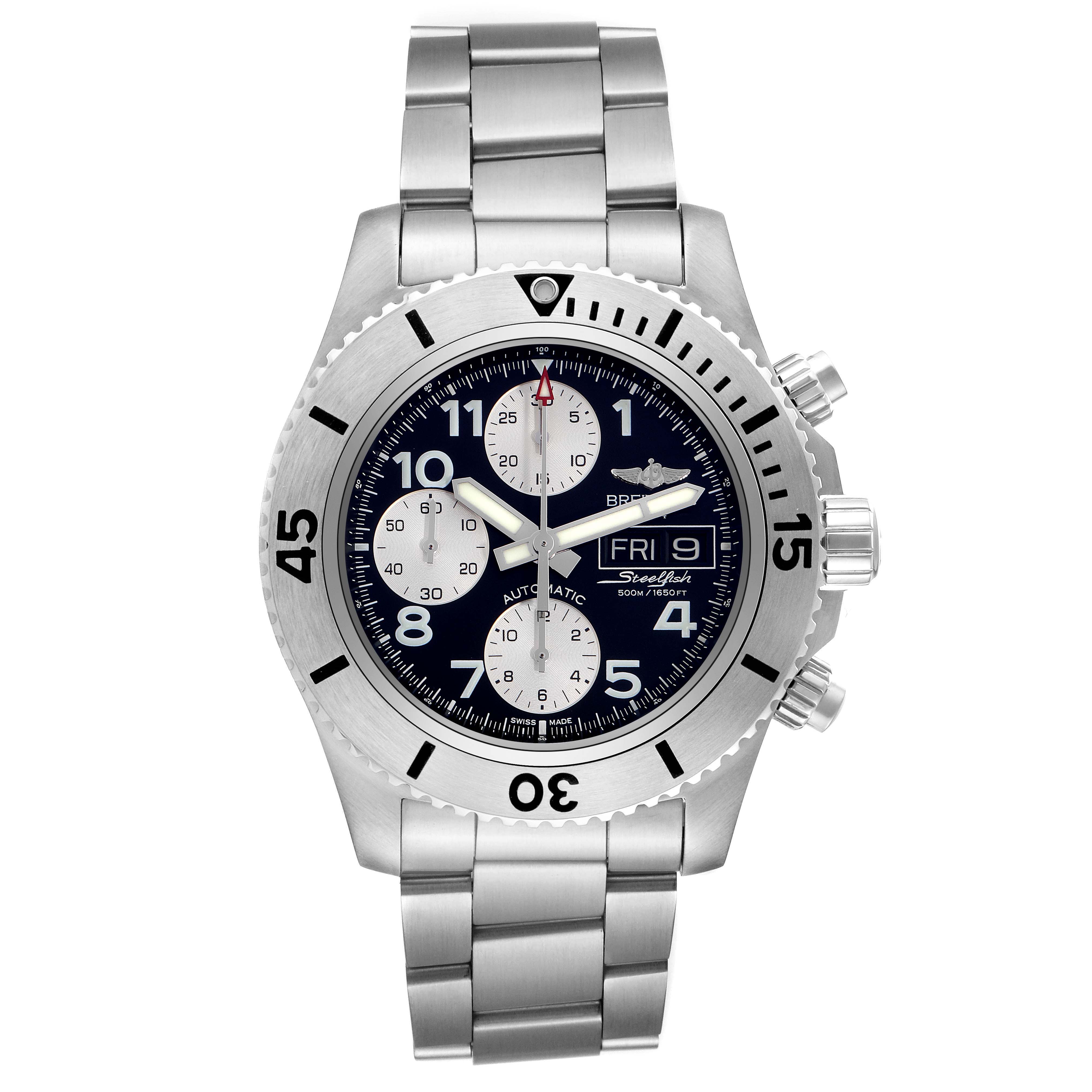The Breitling Bentley A13341 Men's Stainless Steel Black Dial A13341 Men's Stainless Steel Black Dial watch is shown from a front angle, displaying its bezel, dial, chronograph sub-dials, bracelet, and crown.