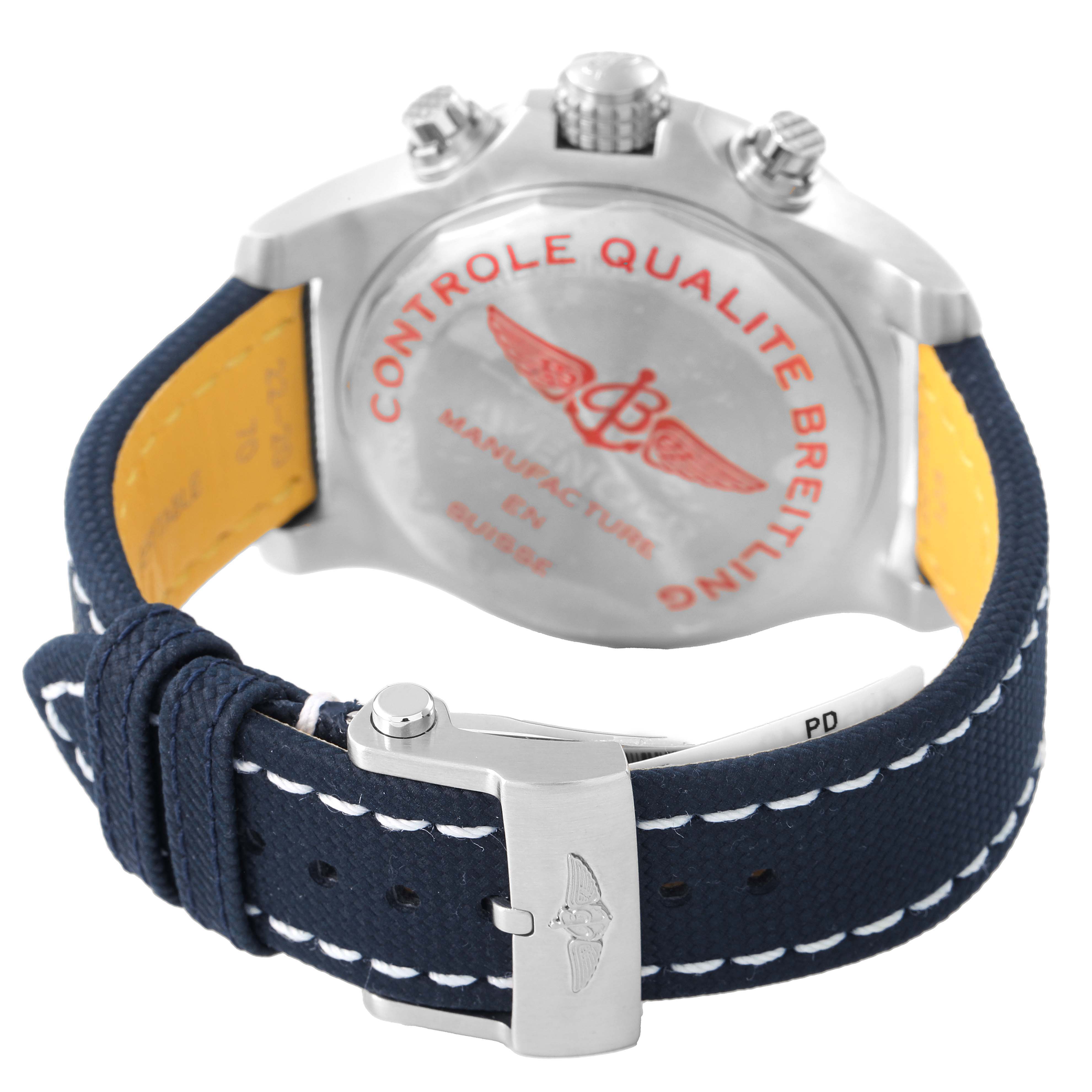 The Breitling Avenger A13317 Men's Stainless Steel Blue Dial watch is shown from the back, highlighting the case back, crown, and clasp on the strap.