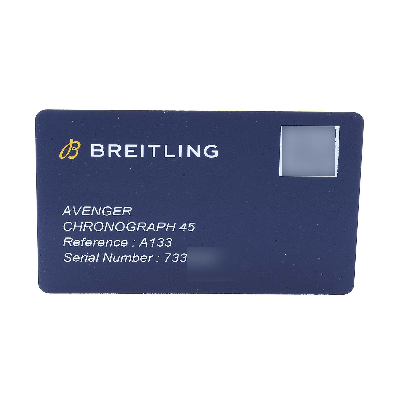 The image shows a Breitling Avenger A13317 Men's Stainless Steel Blue Dial Chronograph 45 warranty card with model, reference, and serial number details.