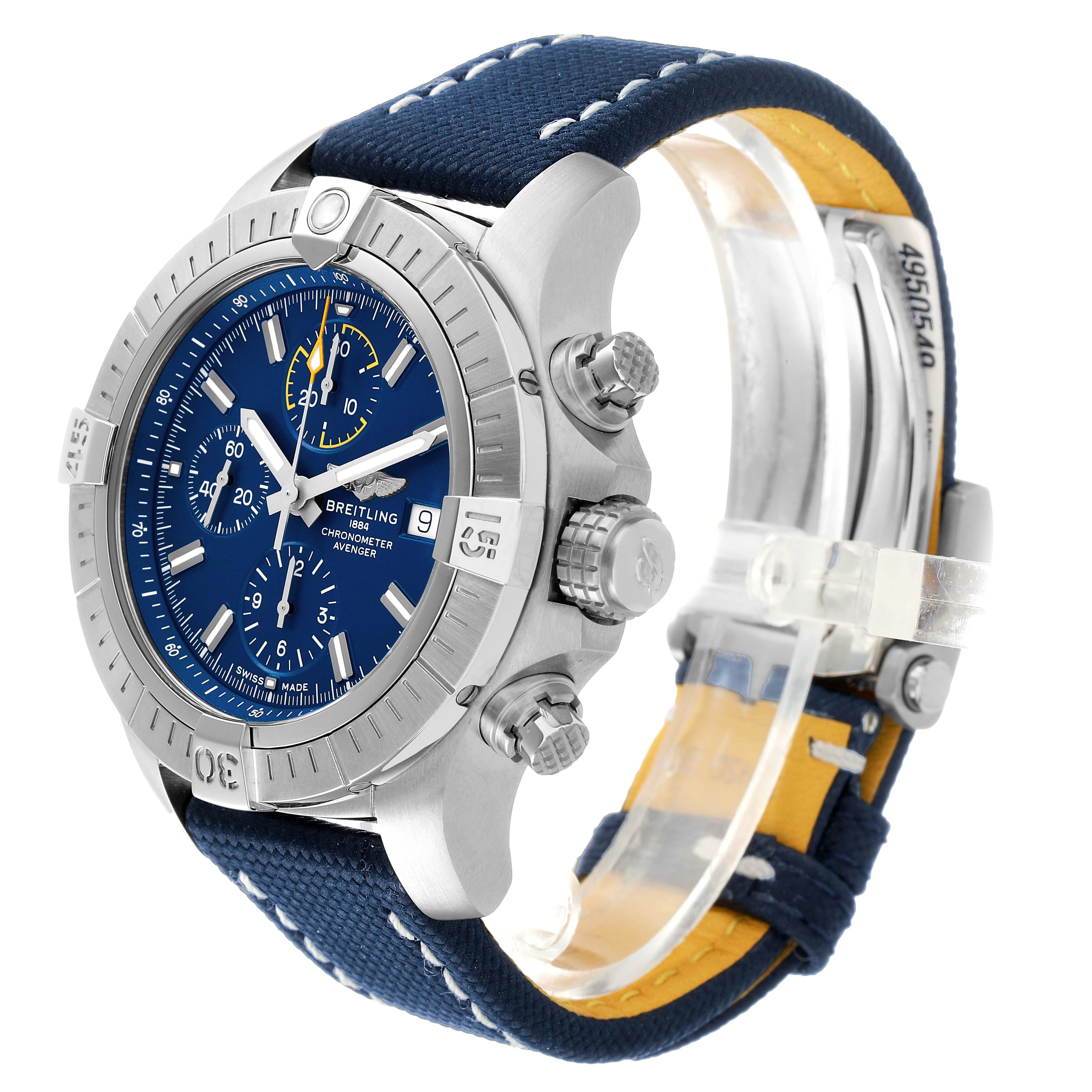The Breitling Avenger A13317 Men's Stainless Steel Blue Dial watch is shown at a three-quarter angle, highlighting the bezel, dial, crown, pushers, and strap.