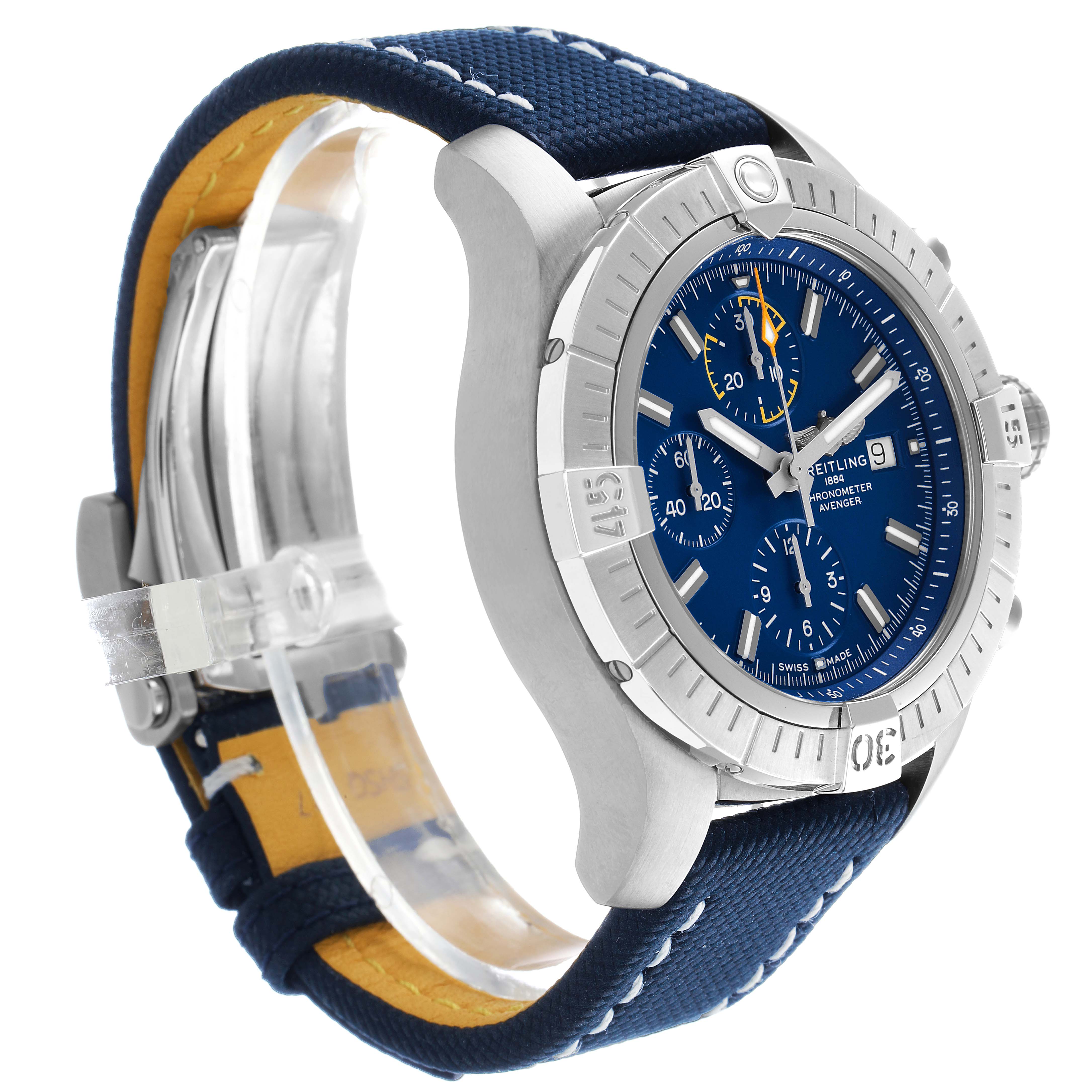 The Breitling Avenger A13317 Men's Stainless Steel Blue Dial watch is shown at an angled side view, highlighting the blue dial, luminescent hands, and stitched blue strap.