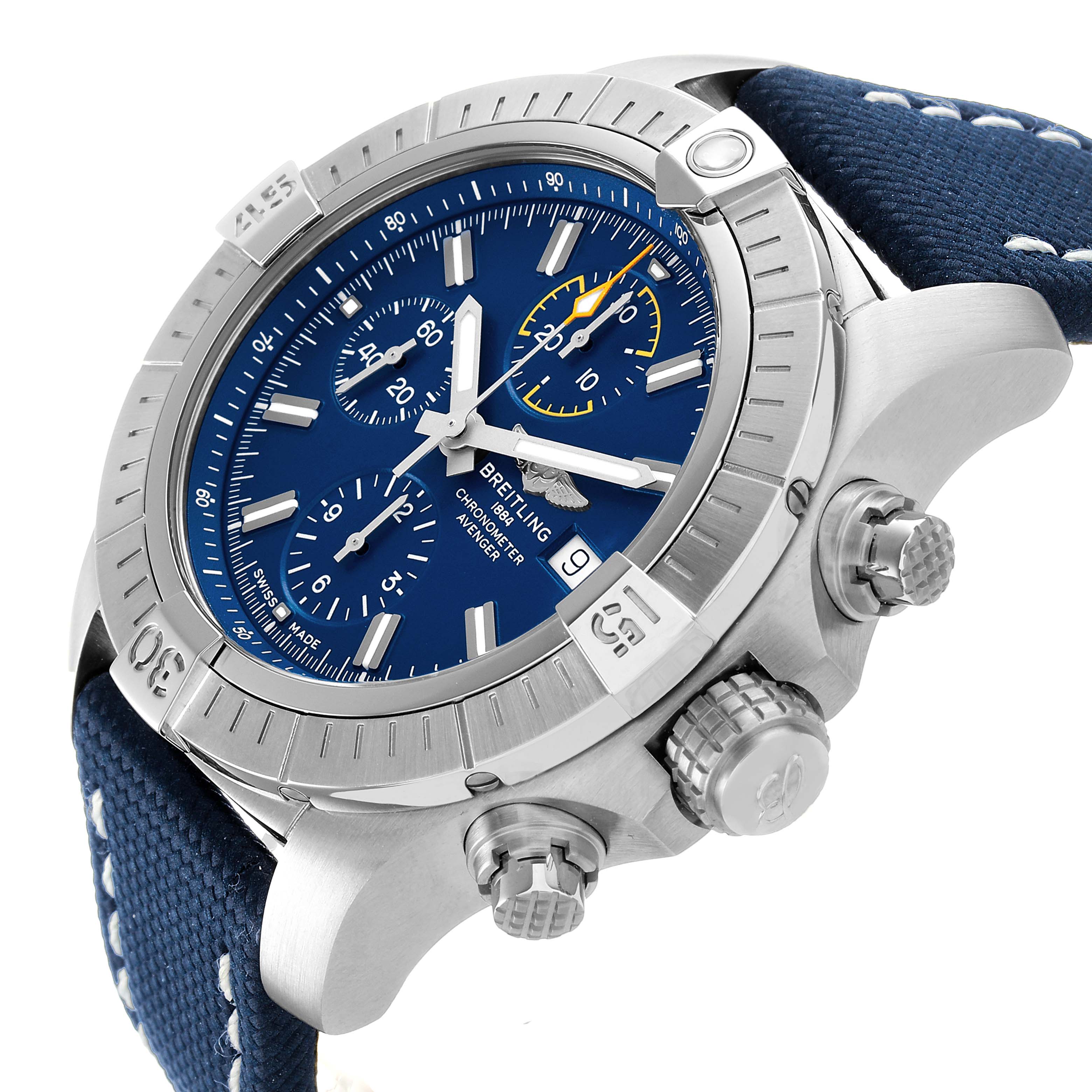 The Breitling Avenger A13317 Men's Stainless Steel Blue Dial watch is shown at an angle highlighting its face, bezel, pushers, and part of the strap.