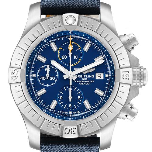 The image shows a front view of the Breitling Avenger A13317 Men's Stainless Steel Blue Dial watch, highlighting its dial, bezel, chronograph sub-dials, and pushers.