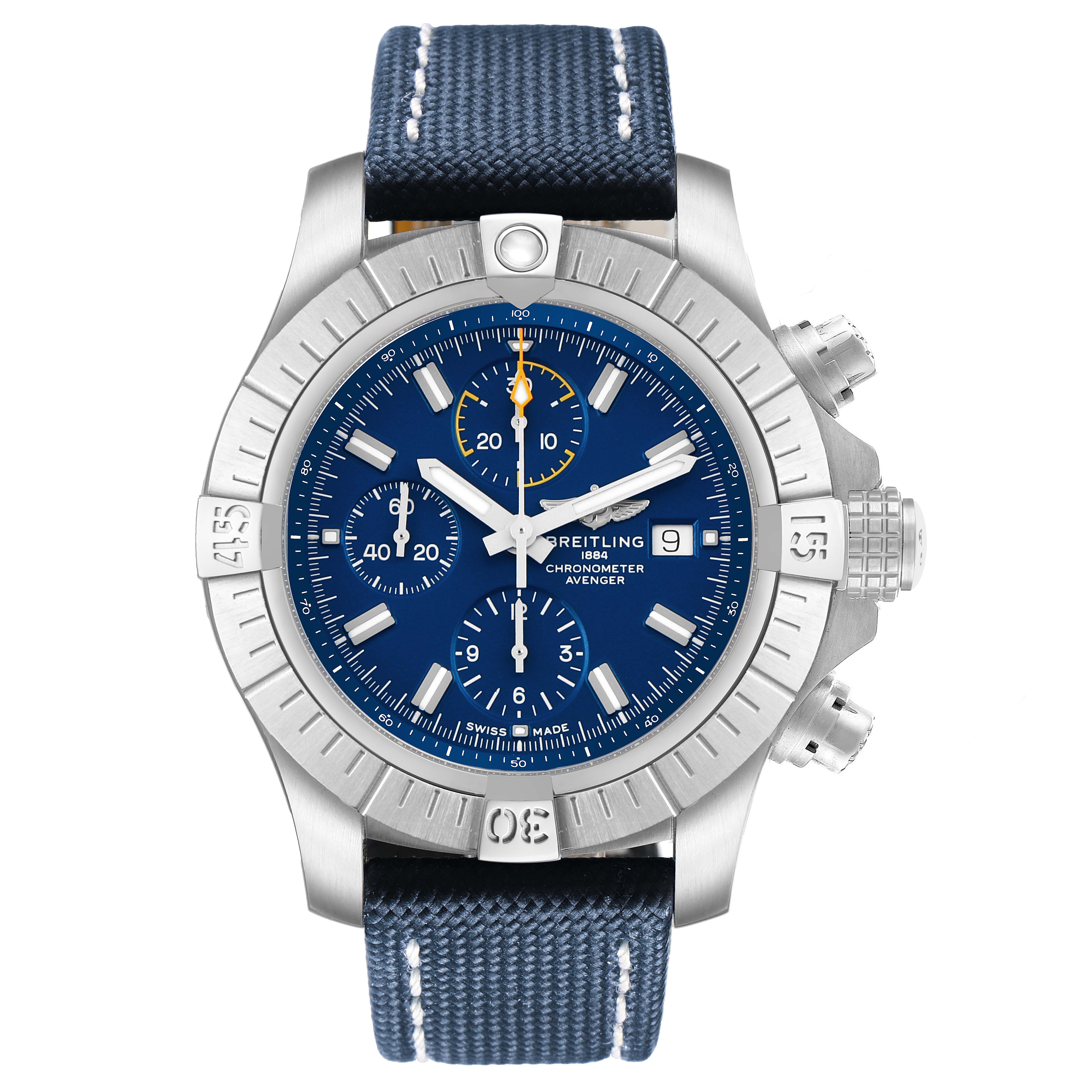 The image shows a frontal view of the Breitling Avenger A13317 Men's Stainless Steel Blue Dial watch, highlighting its bezel, blue dial, chronograph subdials, and fabric strap.