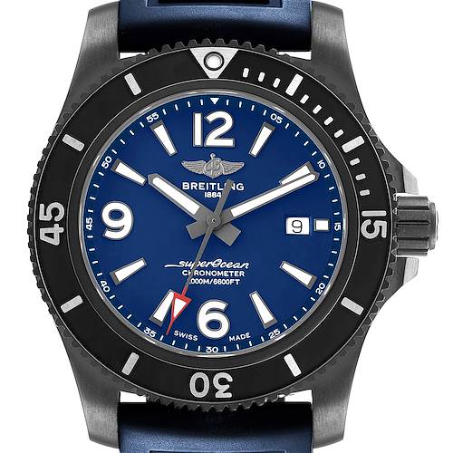 This Breitling Avenger A24315 Men's Stainless Steel Blue Dial watch is shown from a front angle, highlighting the bezel, dial, hands, and date window.