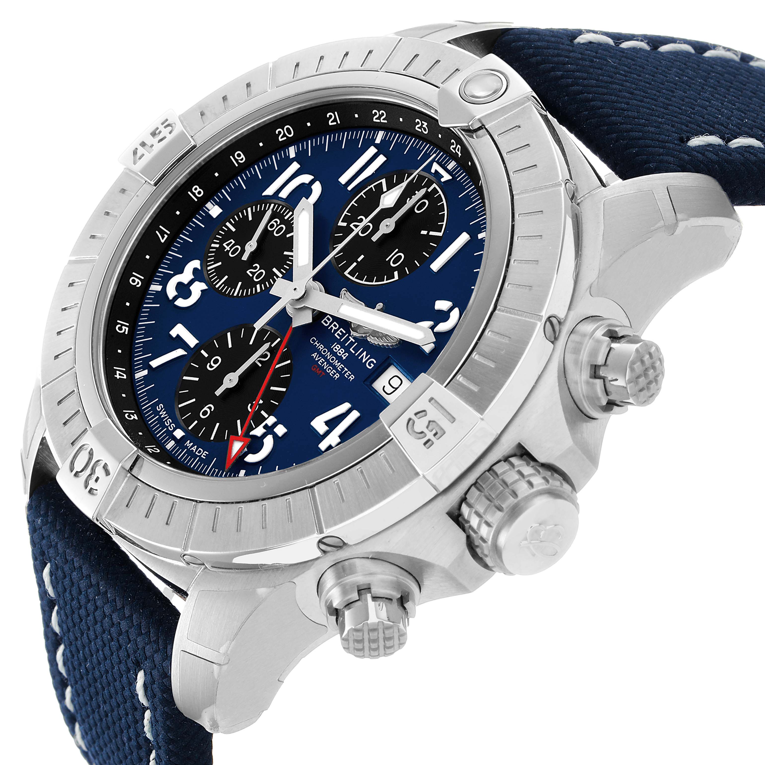 The Breitling Avenger A24315 Men's Stainless Steel Blue Dial watch is shown at a side angle, featuring the crown, chronograph pushers, and a blue dial with a rotating bezel.