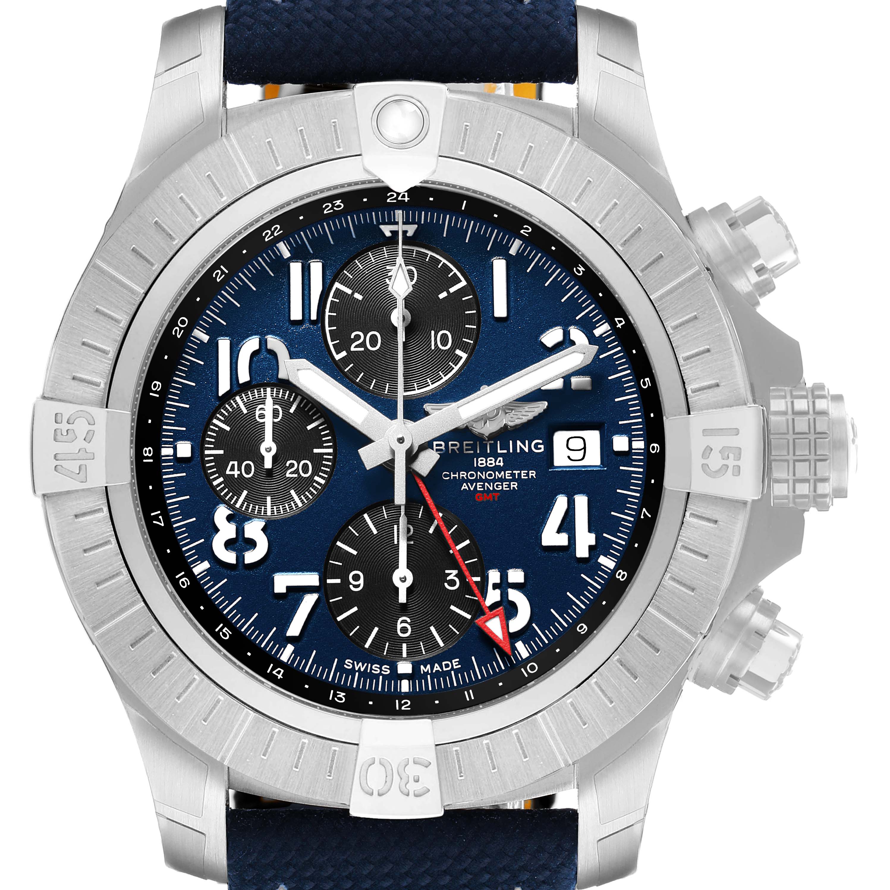 The Breitling Avenger A24315 Men's Stainless Steel Blue Dial watch is shown from a front angle, highlighting the dial, bezel, crown, and pushers.