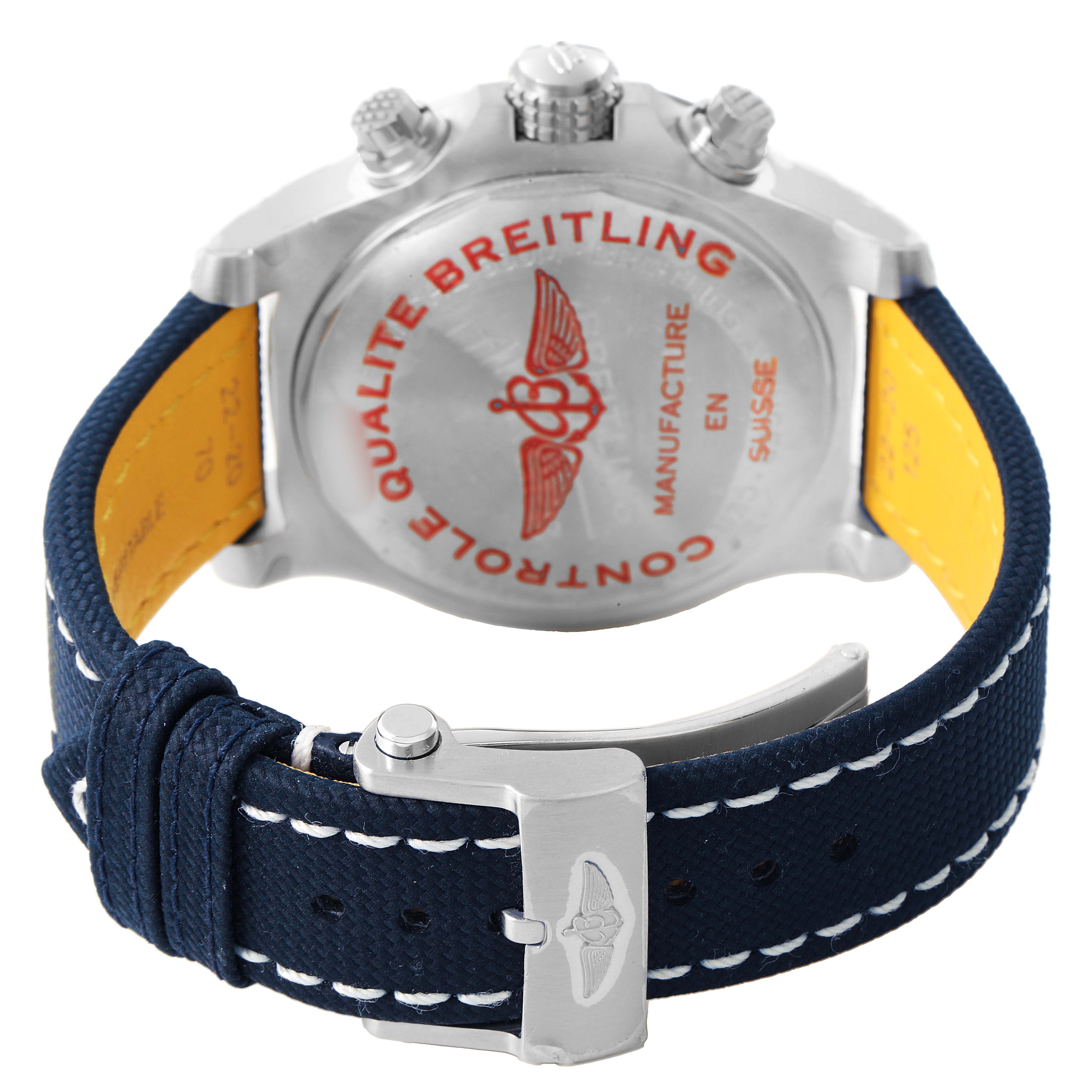 The image shows the back case, crown, and strap of a Breitling Avenger A24315 Men's Stainless Steel Blue Dial watch, viewed from behind.