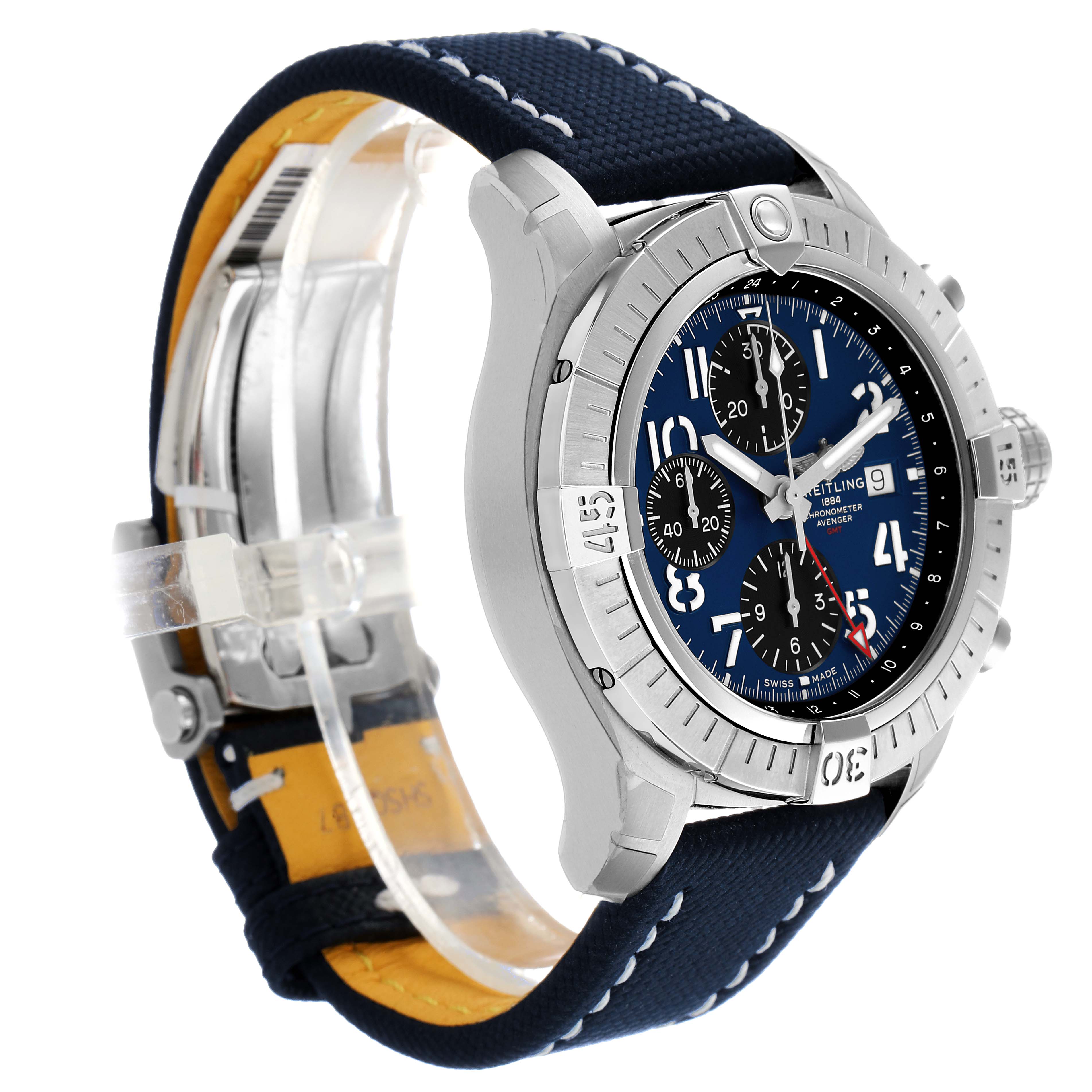 The Breitling Avenger A24315 Men's Stainless Steel Blue Dial watch is shown from a side angle, highlighting its bezel, dial, and strap.