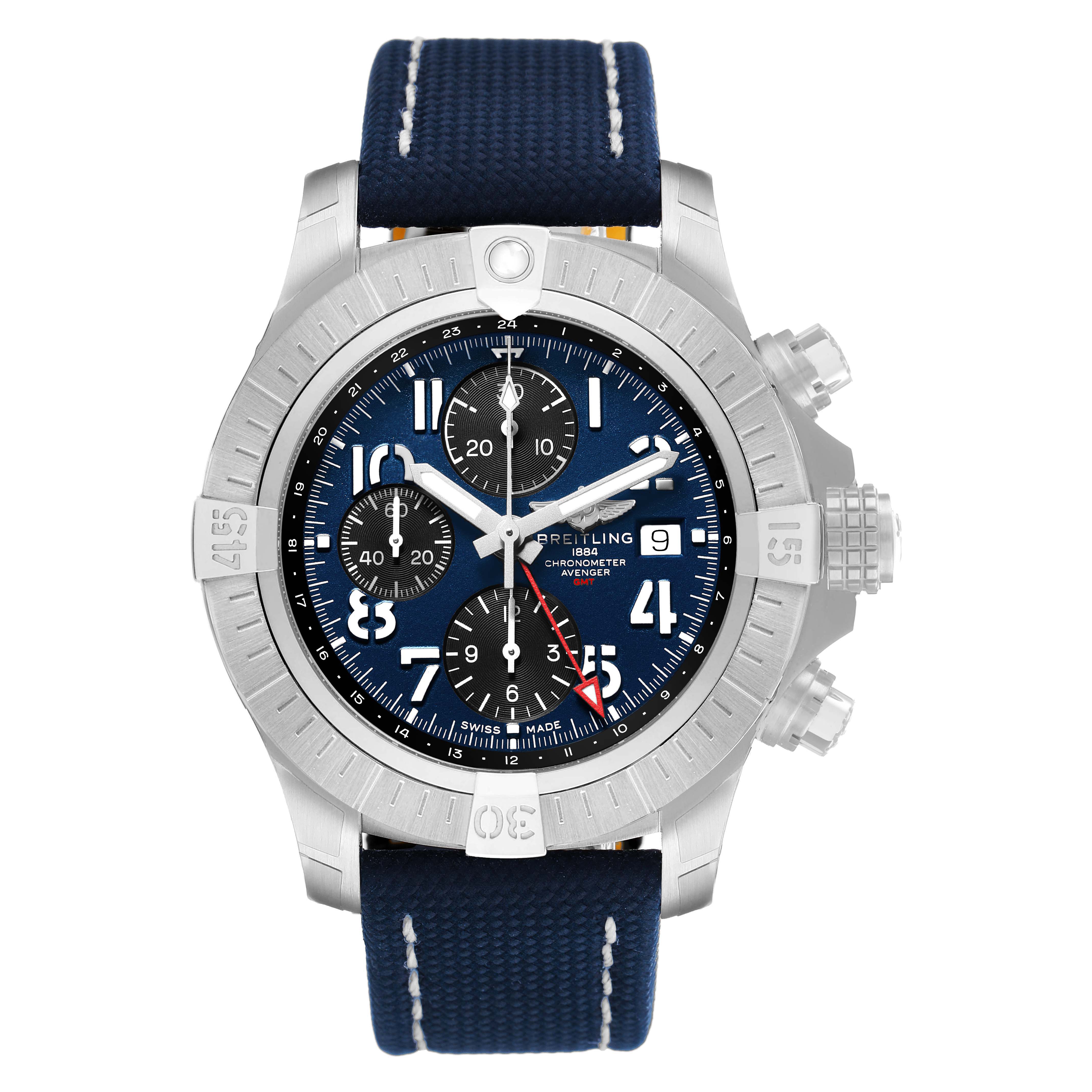 The Breitling Avenger A24315 Men's Stainless Steel Blue Dial watch is shown from a top-down angle, highlighting the bezel, dial, chronograph subdials, and strap.