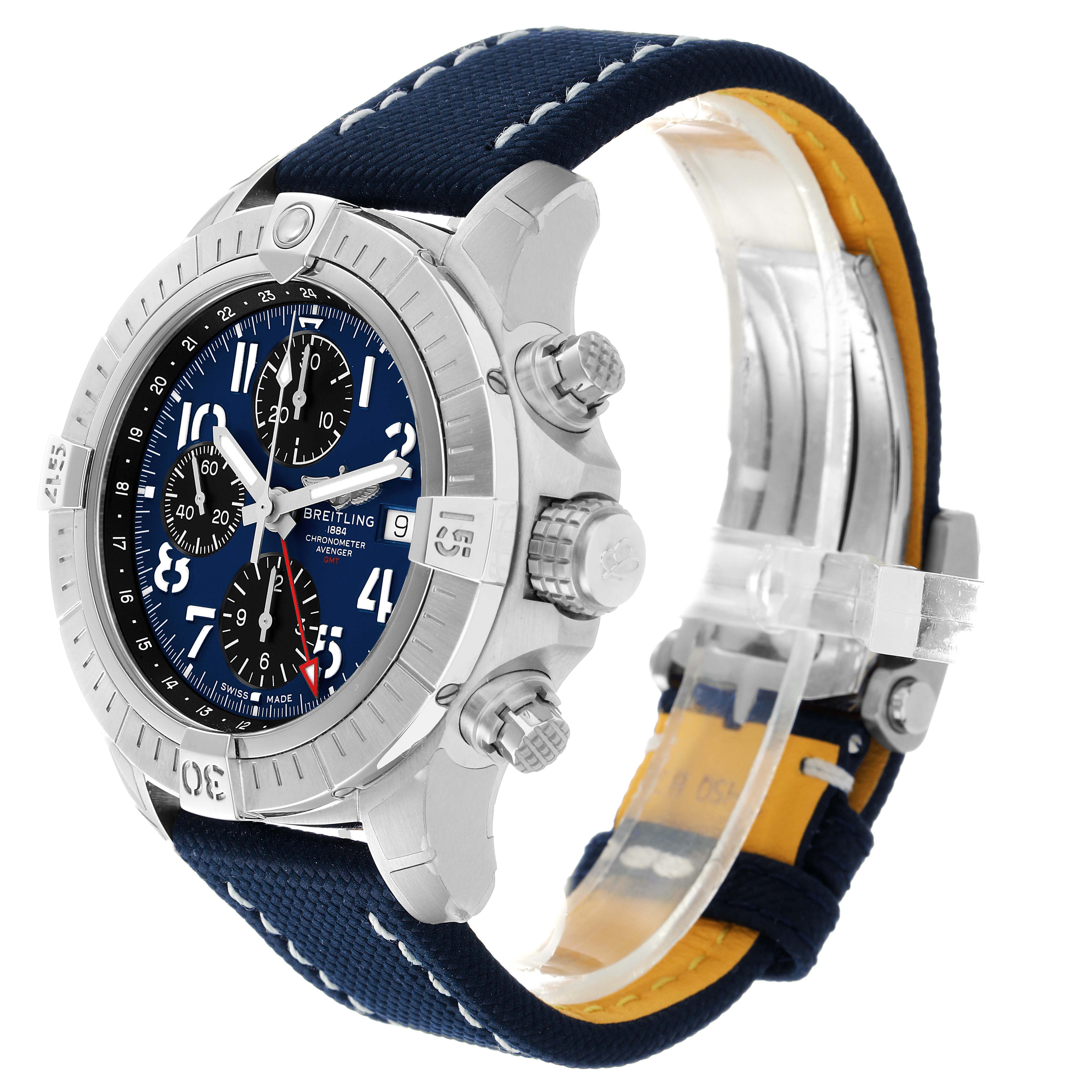 The Breitling Avenger A24315 Men's Stainless Steel Blue Dial watch is shown at a three-quarter angle, highlighting the bezel, crown, pushers, and strap.