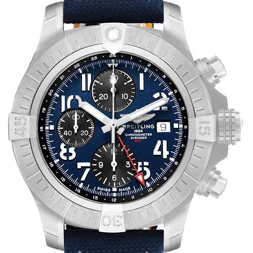 The image shows a frontal view of a Breitling Avenger A24315 Men's Stainless Steel Blue Dial watch, featuring its blue dial, chronograph subdials, and a date window.