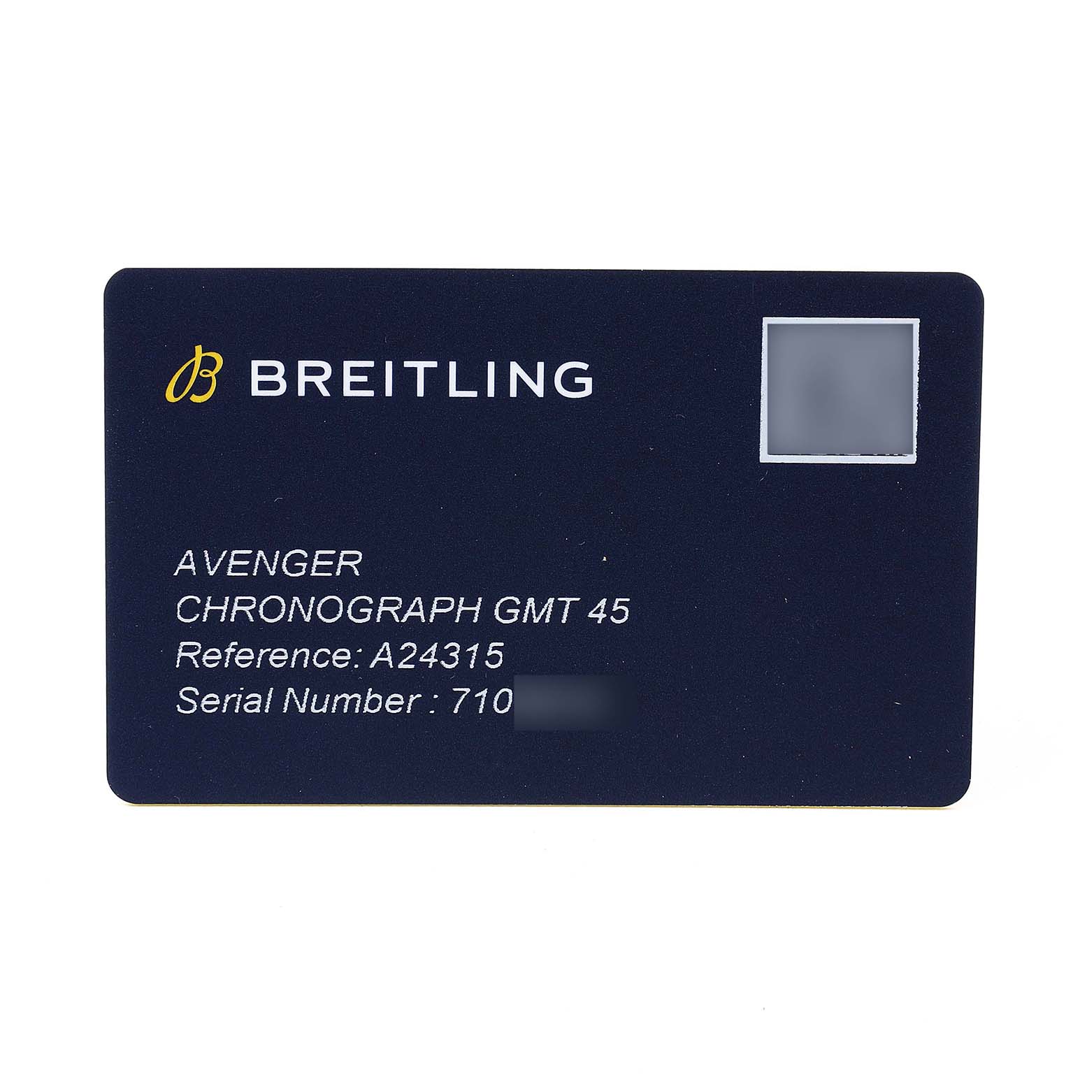 The image shows a warranty card for a Breitling Avenger A24315 Men's Stainless Steel Blue Dial Chronograph GMT 45 watch.