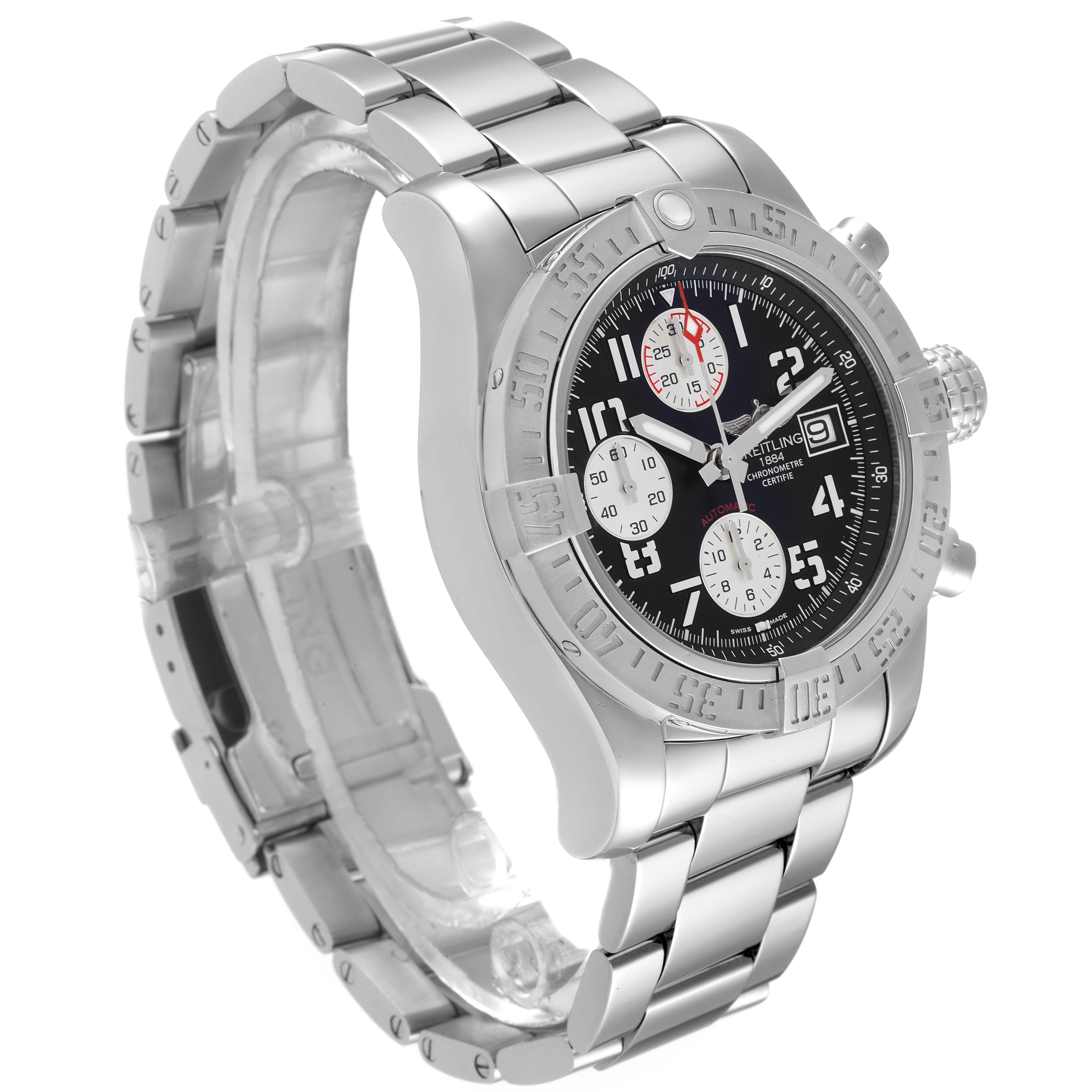 The image shows a left-side angle of the Breitling Avenger A13381 Men's Stainless Steel Black Dial A13381 Men's Stainless Steel Black Dial watch, focusing on the face, bezel, and stainless steel bracelet.