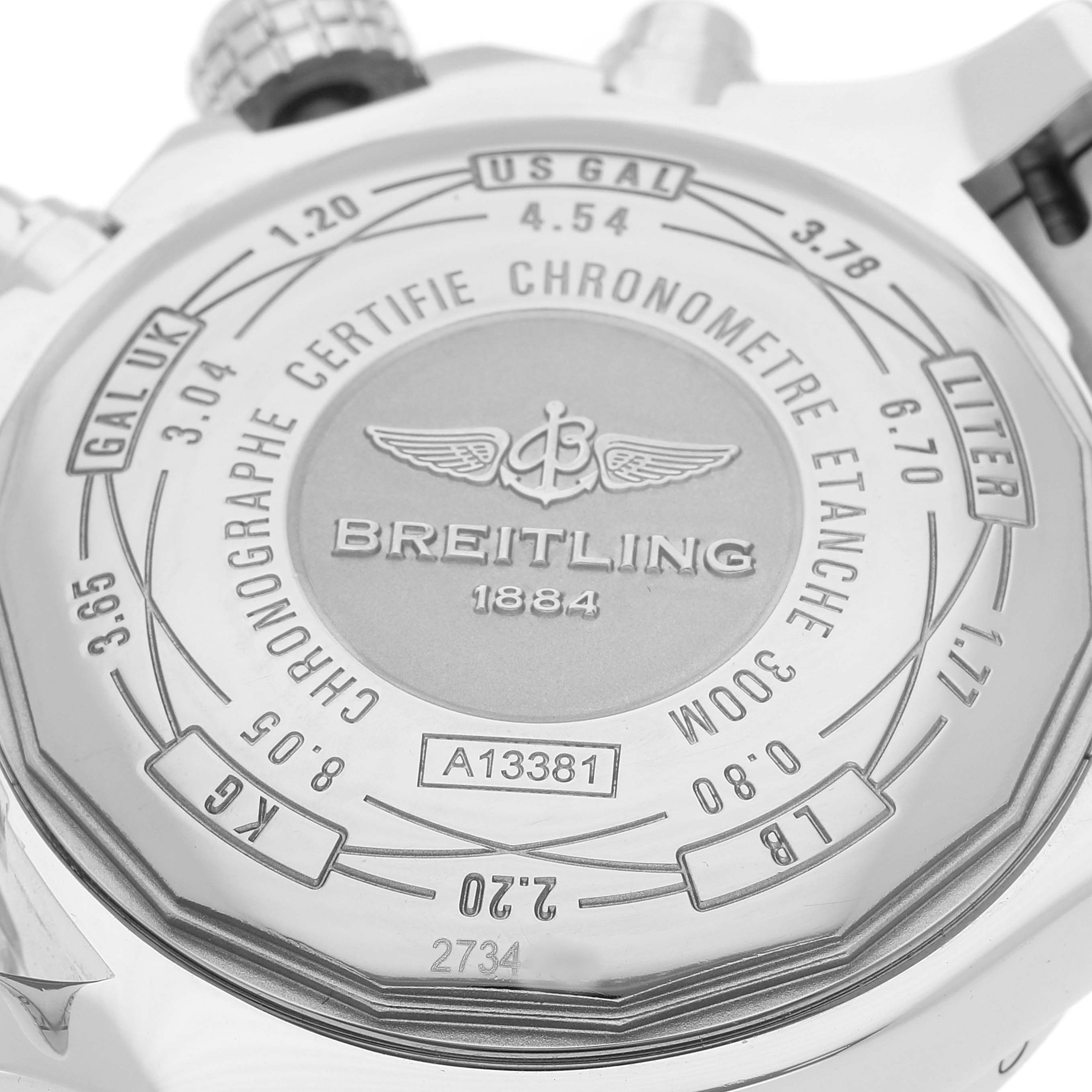 This image shows the case back of the Breitling Avenger A13381 Men's Stainless Steel Black Dial A13381 Men's Stainless Steel Black Dial watch, highlighting its engravings and brand details.