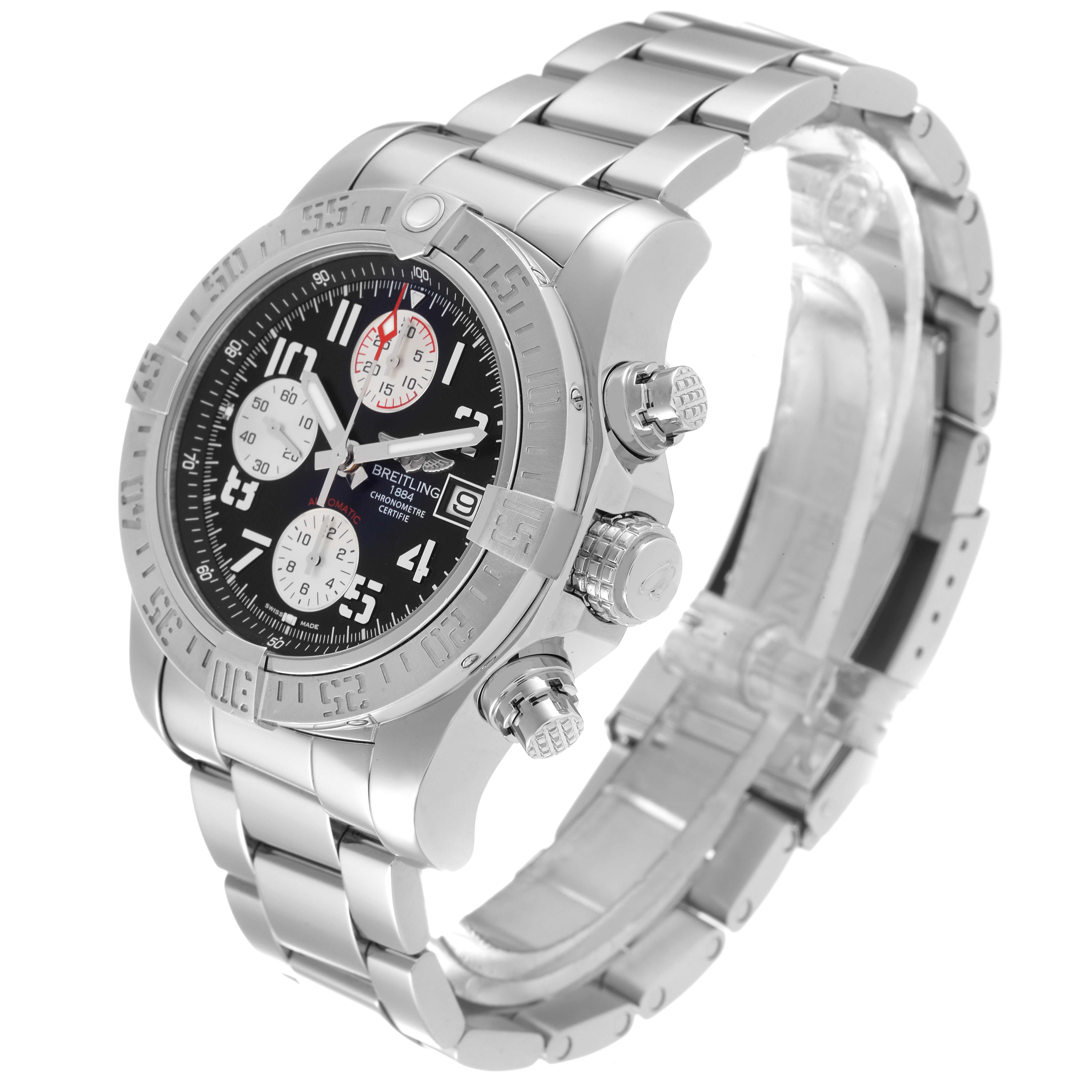 The Breitling Avenger A13381 Men's Stainless Steel Black Dial A13381 Men's Stainless Steel Black Dial watch is shown at a three-quarter angle displaying its face, bezel, crown, and stainless steel bracelet.