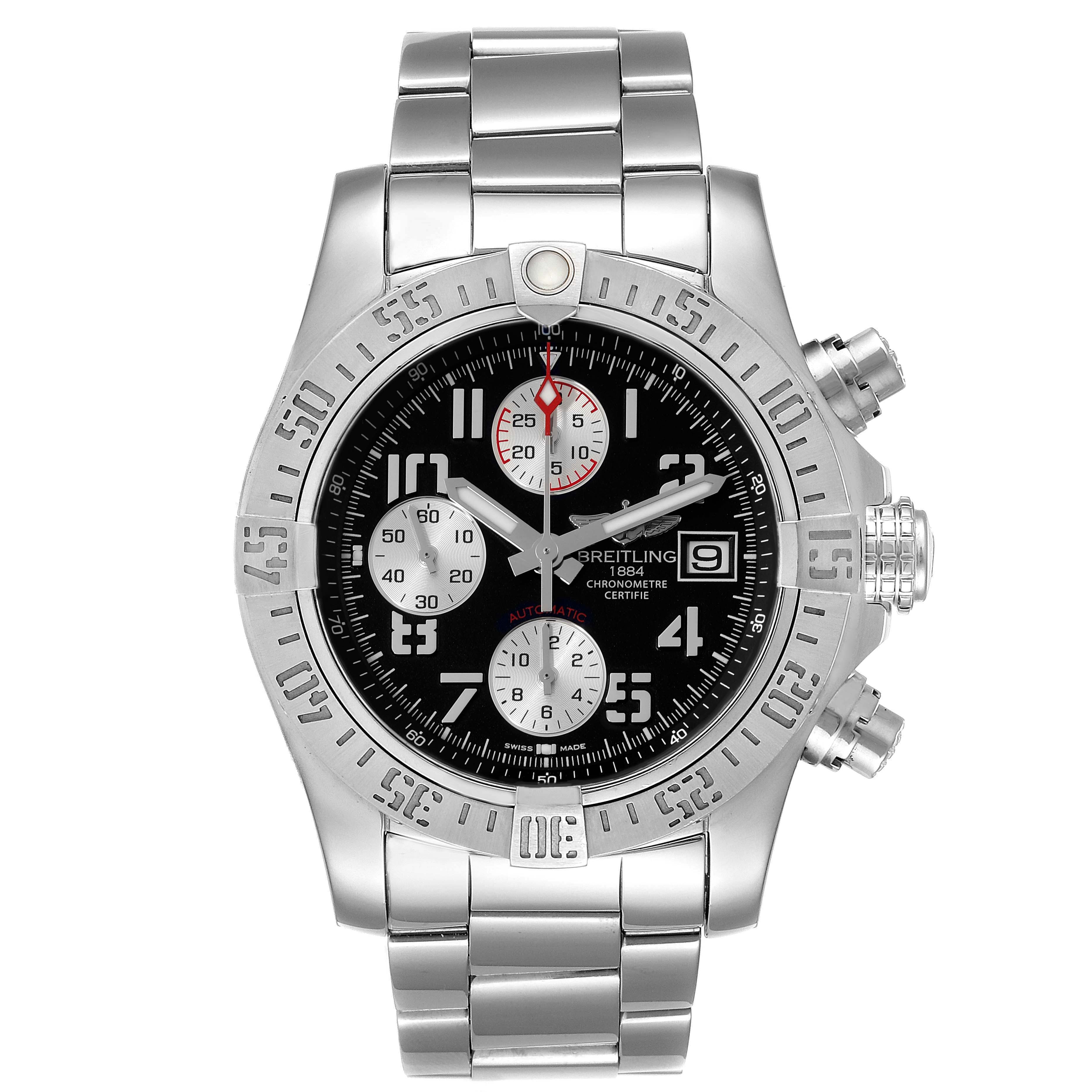 This image shows the front view of a Breitling Avenger A13381 Men's Stainless Steel Black Dial A13381 Men's Stainless Steel Black Dial watch, highlighting the dial, bezel, and bracelet.