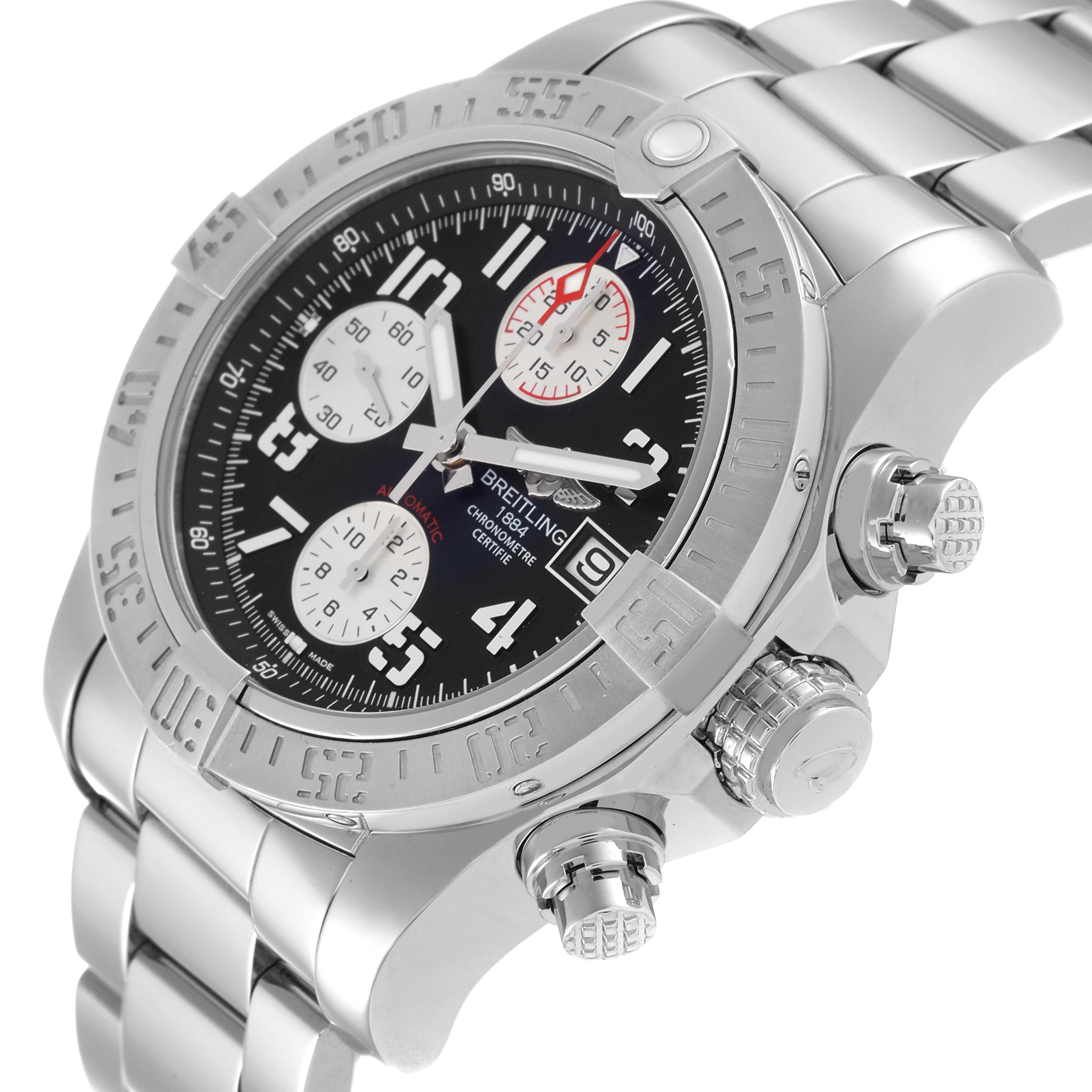 The image shows a Breitling Avenger A13381 Men's Stainless Steel Black Dial A13381 Men's Stainless Steel Black Dial watch at an angle displaying its face, bezel, crown, pushers, and bracelet.