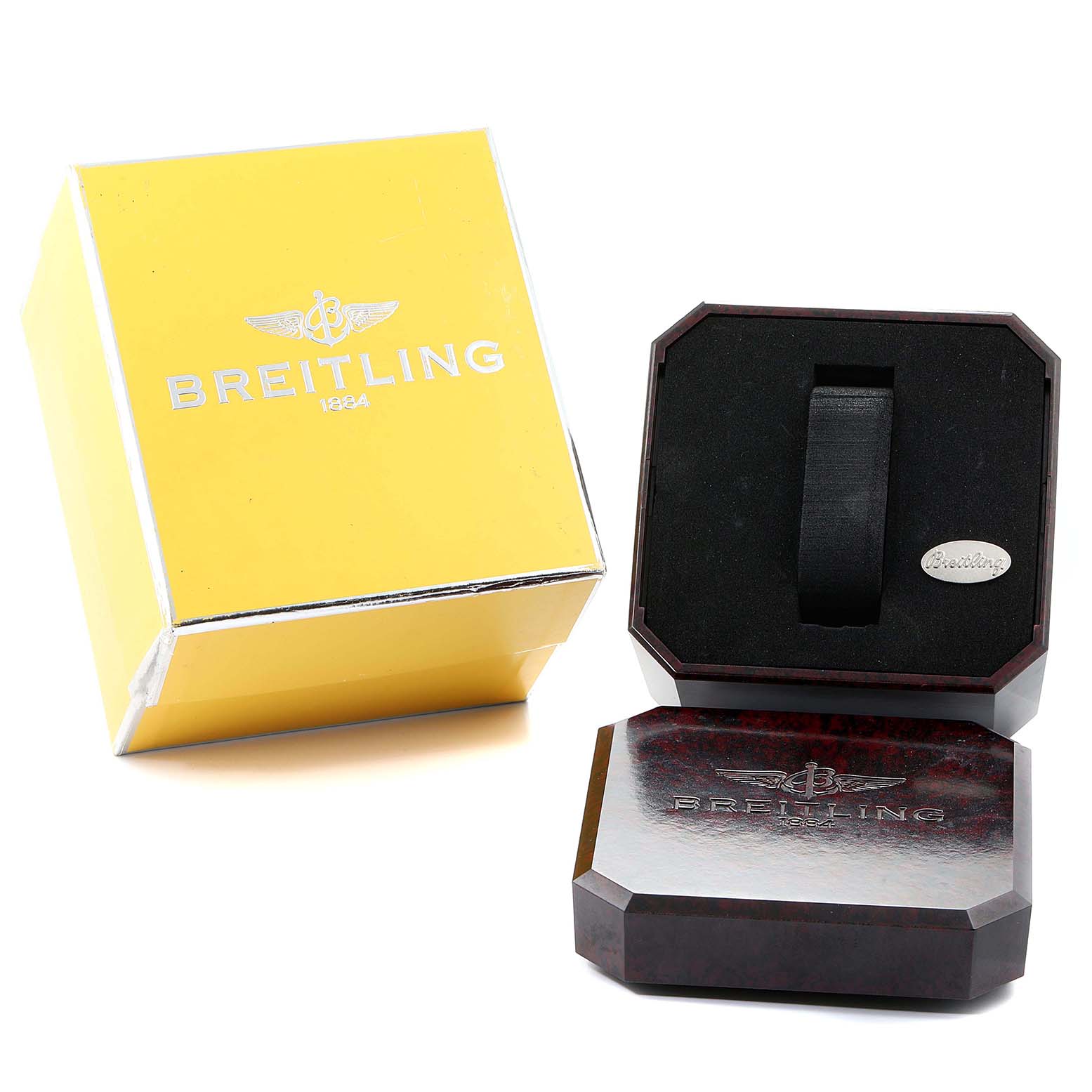The image shows the yellow outer box and the opened inner box for a Breitling Chronomat B13356 Men's Steel and Gold (two tone) Black Dial B13356 Men's Steel and Gold (two tone) Black Dial watch.
