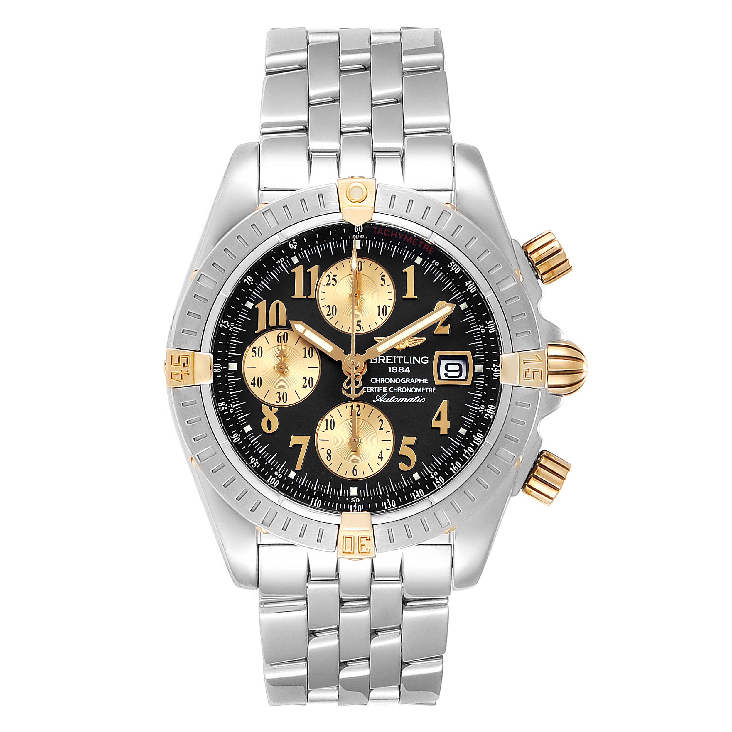 The Breitling Chronomat B13356 Men's Steel and Gold (two tone) Black Dial B13356 Men's Steel and Gold (two tone) Black Dial model watch is shown from a front angle, displaying its face, bezel, and bracelet.
