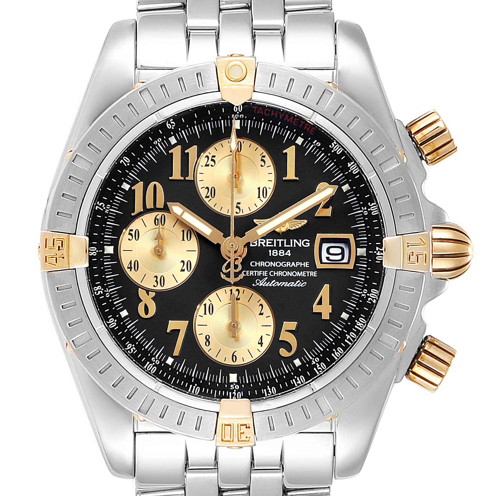 The image shows a Breitling Chronomat B13356 Men's Steel and Gold (two tone) Black Dial B13356 Men's Steel and Gold (two tone) Black Dial watch from a front angle, highlighting the dial, bezel, subdials, and bracelet.