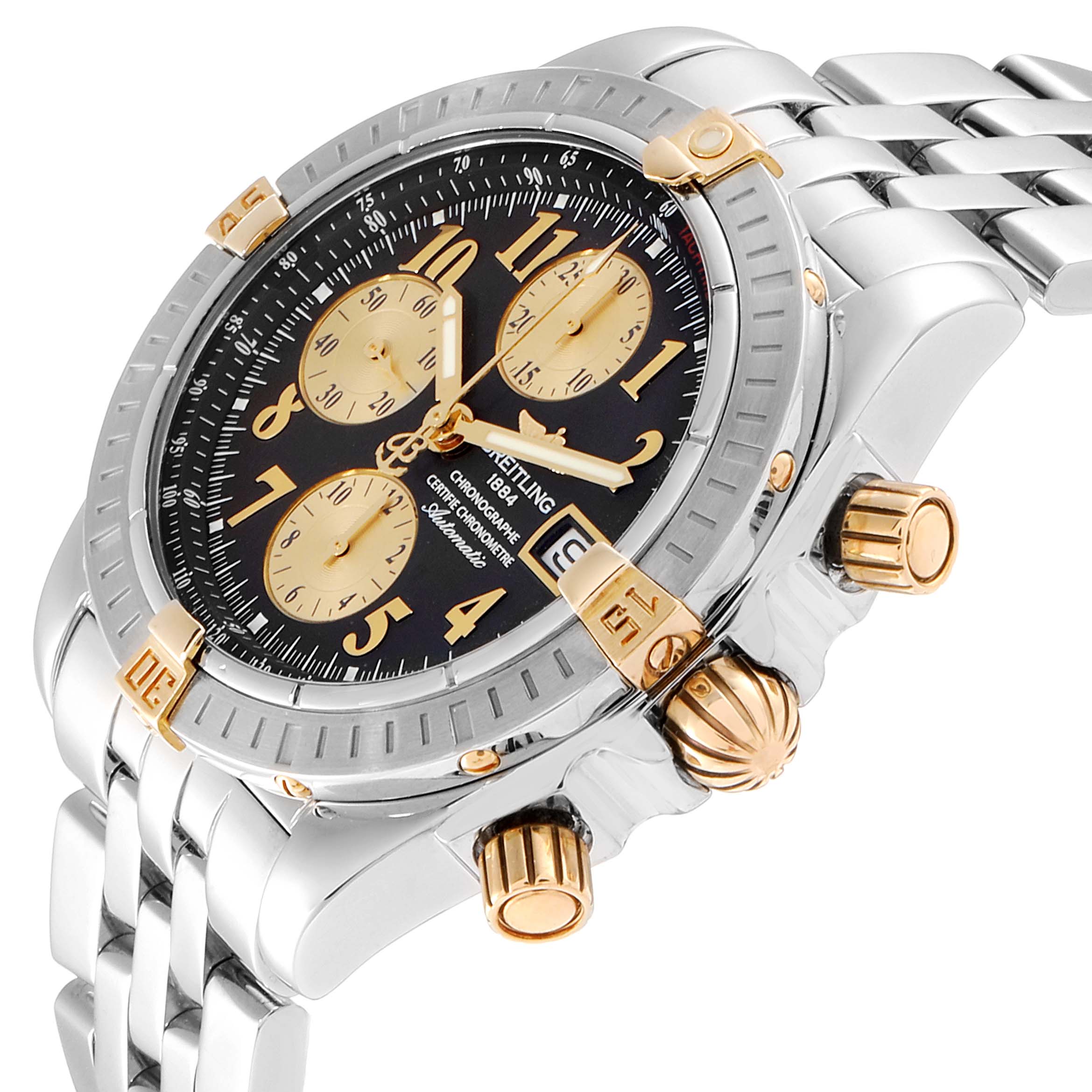 The image shows a Breitling Chronomat B13356 Men's Steel and Gold (two tone) Black Dial B13356 Men's Steel and Gold (two tone) Black Dial watch from a side angle, highlighting its case, bezel, dials, and bracelet.