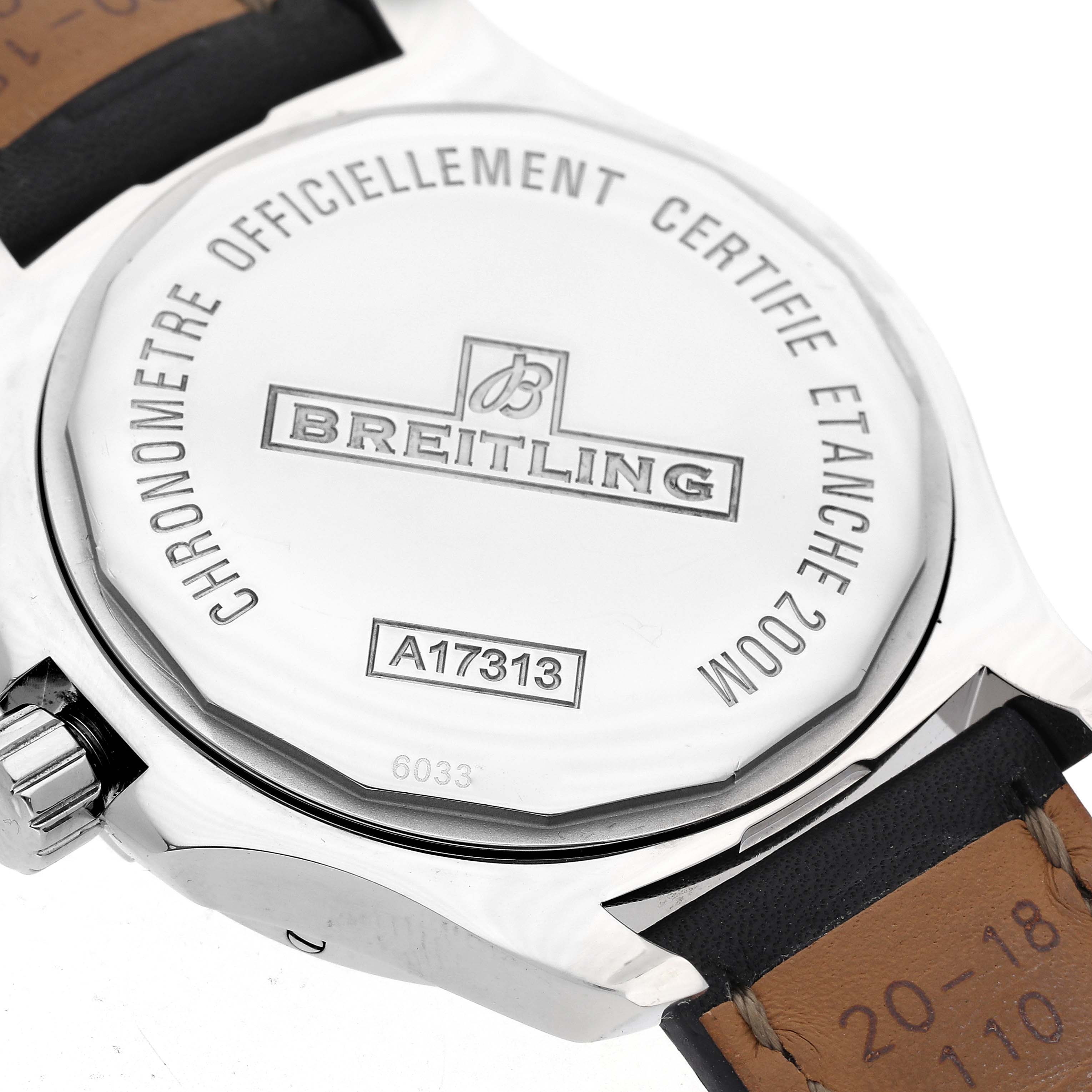 The image shows the back case of the Breitling Colt A17313 Men's Stainless Steel Black Dial A17313 Men's Stainless Steel Black Dial watch, highlighting the brand logo and model number A17313.