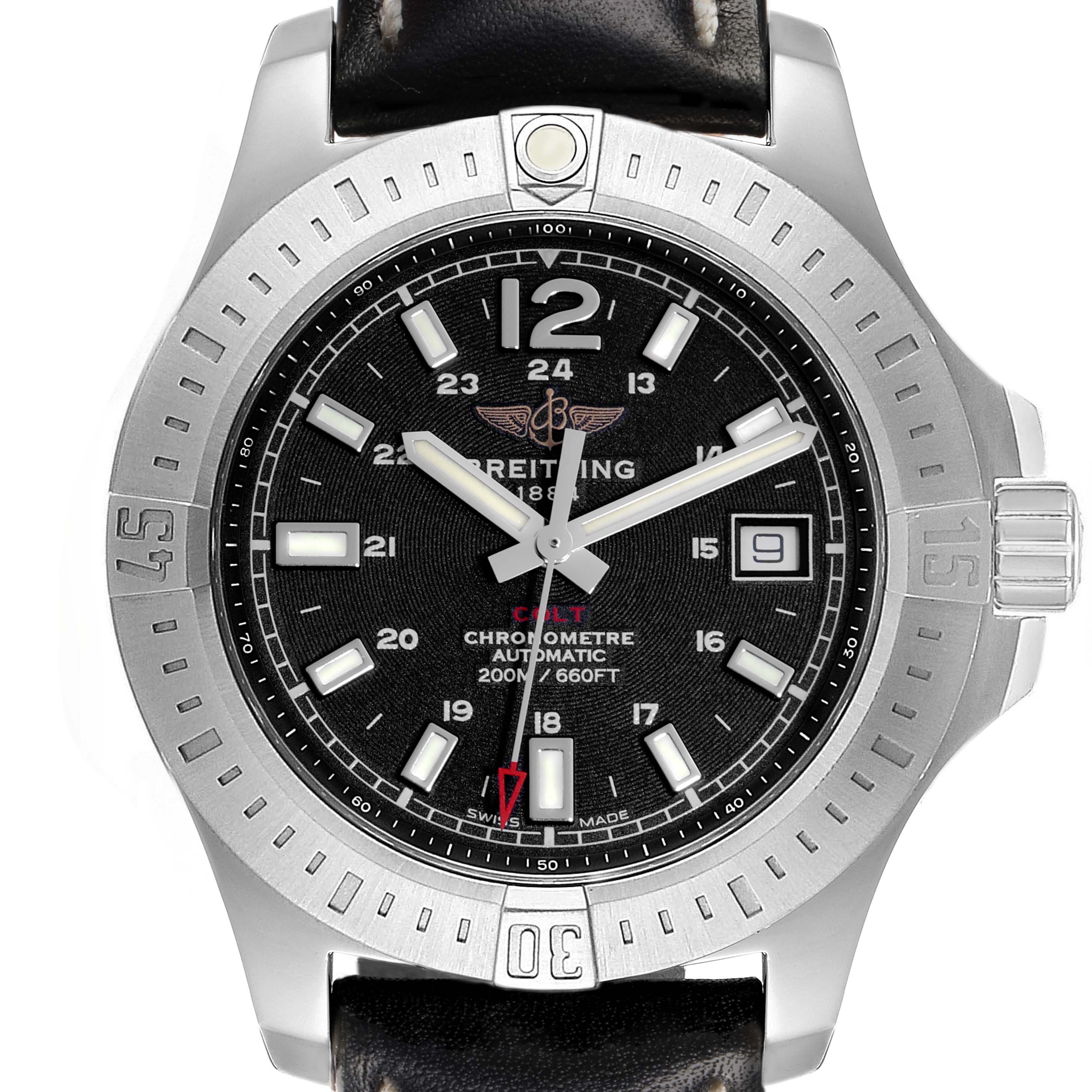 The Breitling Colt A17313 Men's Stainless Steel Black Dial A17313 Men's Stainless Steel Black Dial watch is shown from a front angle, displaying its face, bezel, and crown.