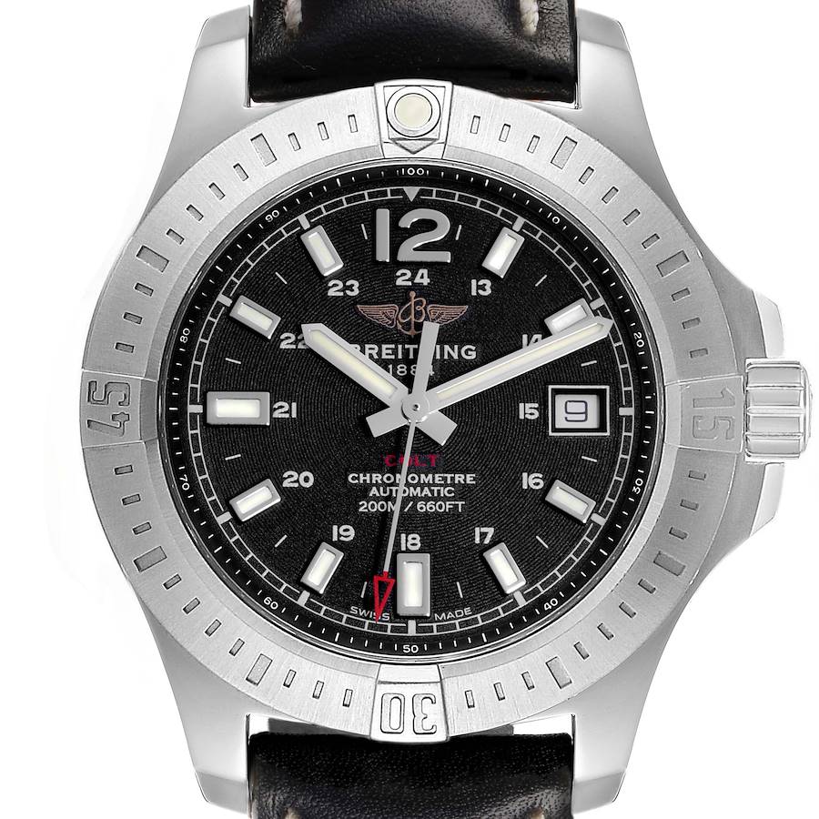 The Breitling Colt watch is shown from a front angle, displaying its face, bezel, and crown.