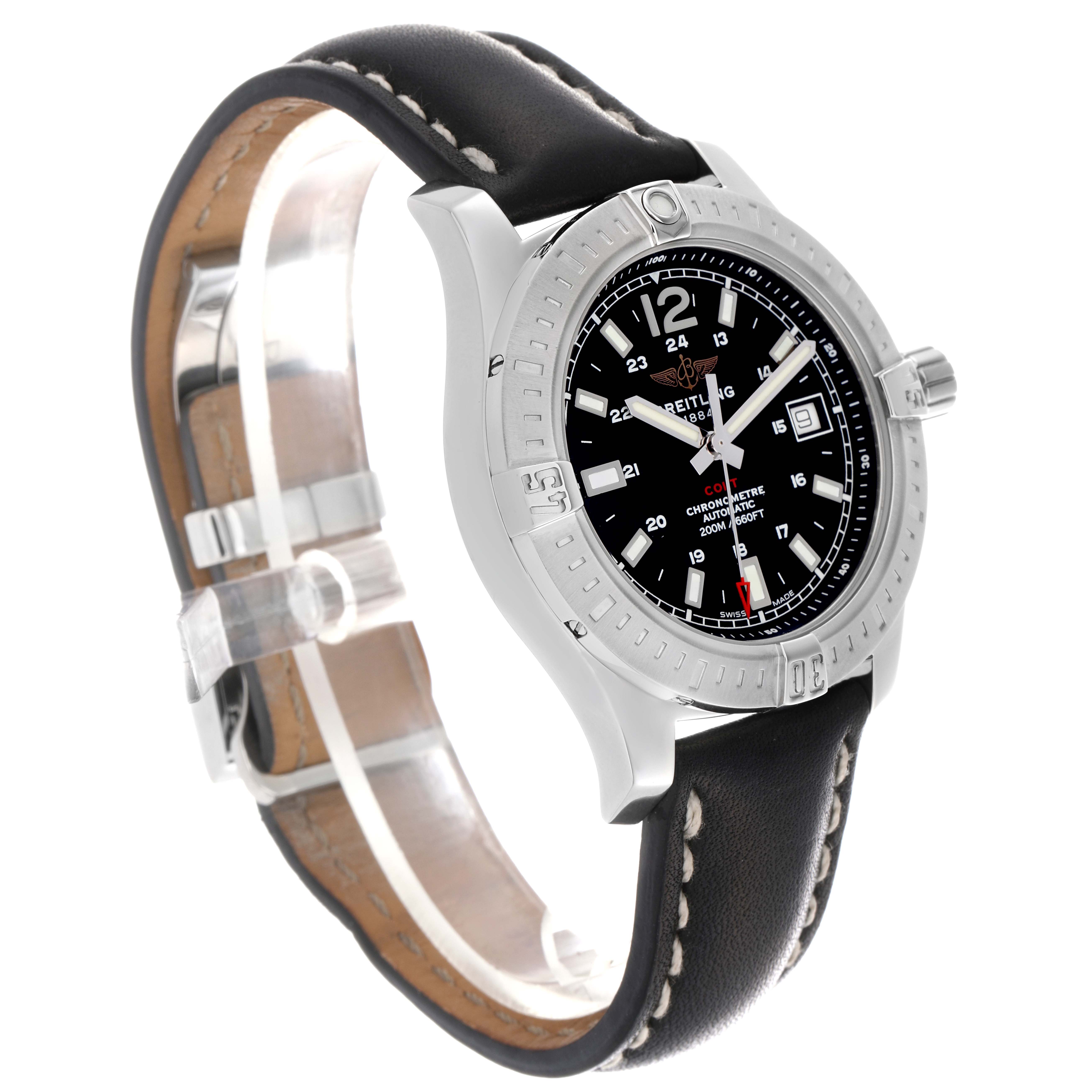 The Breitling Colt A17313 Men's Stainless Steel Black Dial A17313 Men's Stainless Steel Black Dial watch is shown at a three-quarter angle, displaying its face, bezel, crown, and leather strap.