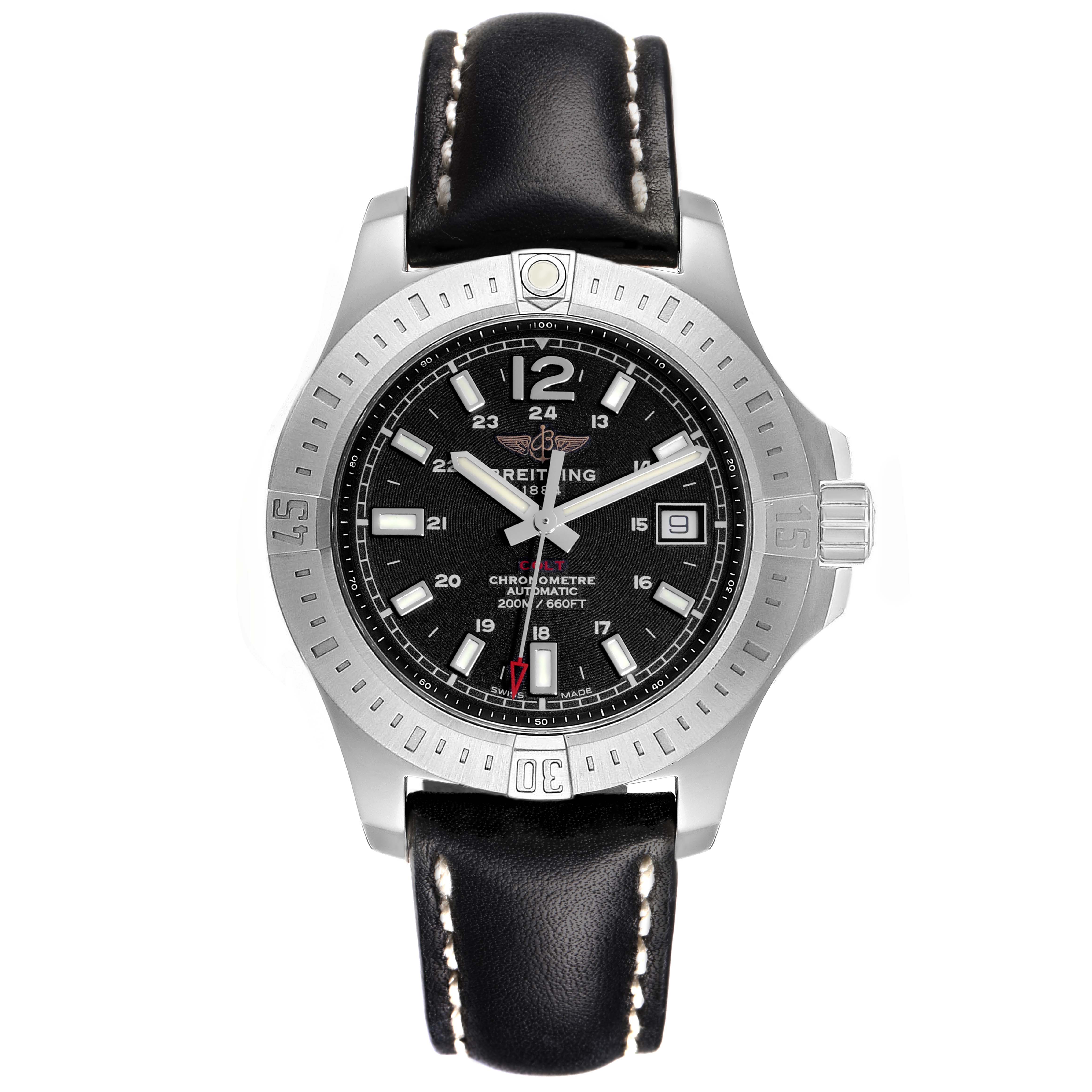 The Breitling Colt A17313 Men's Stainless Steel Black Dial A17313 Men's Stainless Steel Black Dial watch is shown from the front, highlighting the dial, bezel, and leather strap.