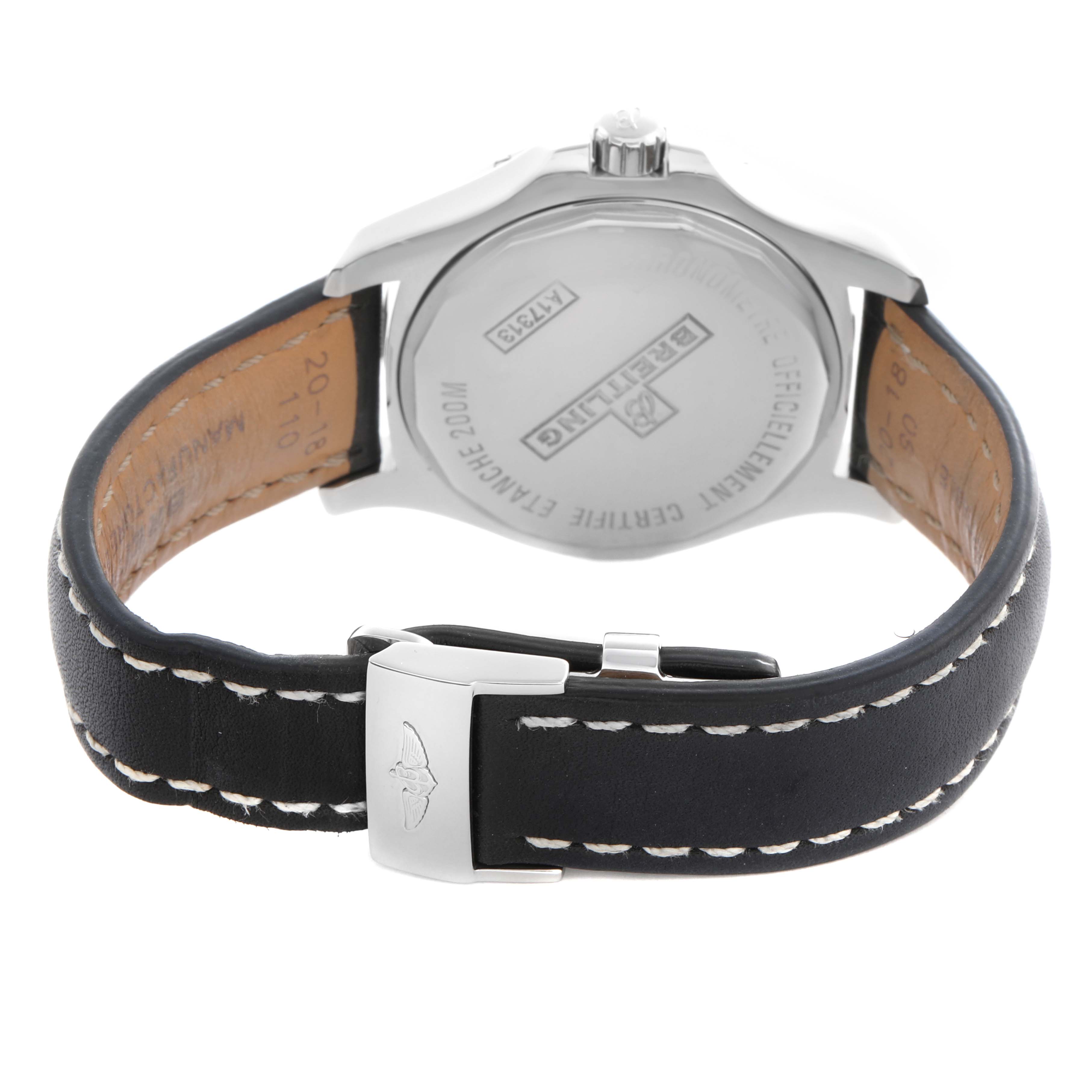 The image shows the back of the Breitling Colt A17313 Men's Stainless Steel Black Dial A17313 Men's Stainless Steel Black Dial watch, featuring its case, backplate, and leather strap with stitching.