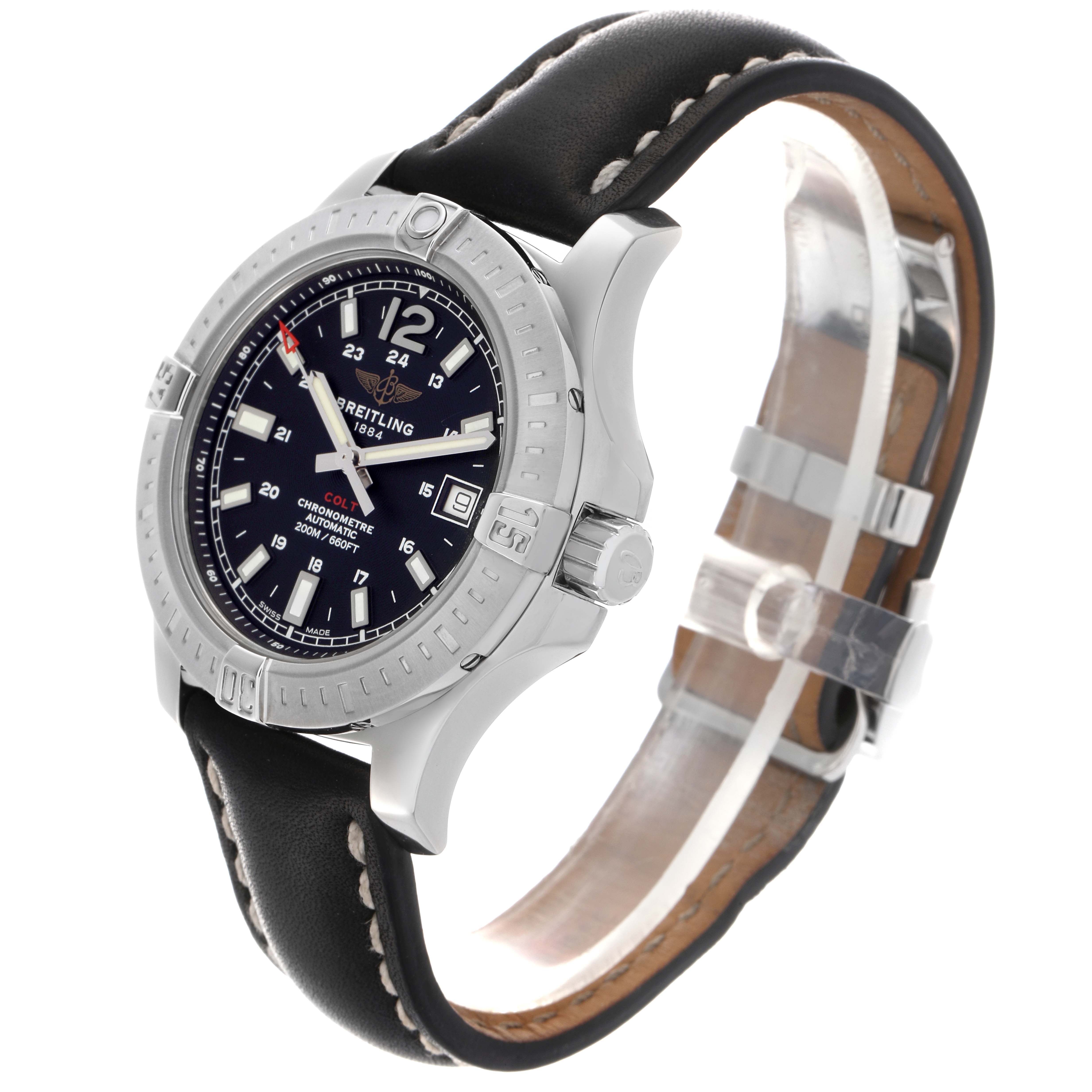 The Breitling Colt A17313 Men's Stainless Steel Black Dial A17313 Men's Stainless Steel Black Dial watch is shown at a three-quarter angle, highlighting the dial, bezel, crown, and leather strap.