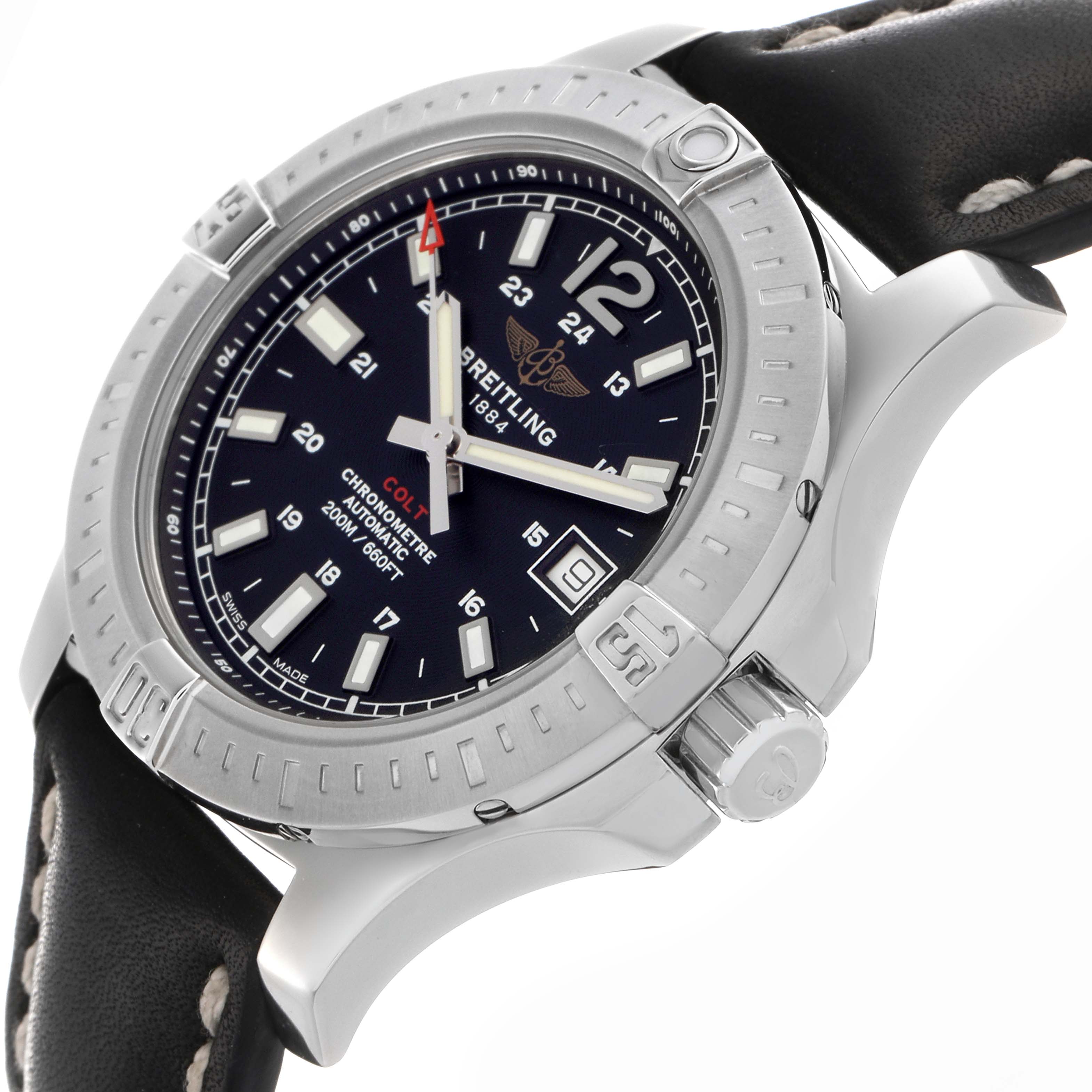 The Breitling Colt A17313 Men's Stainless Steel Black Dial A17313 Men's Stainless Steel Black Dial watch is shown at a three-quarter angle displaying the face, bezel, crown, and part of the leather strap.
