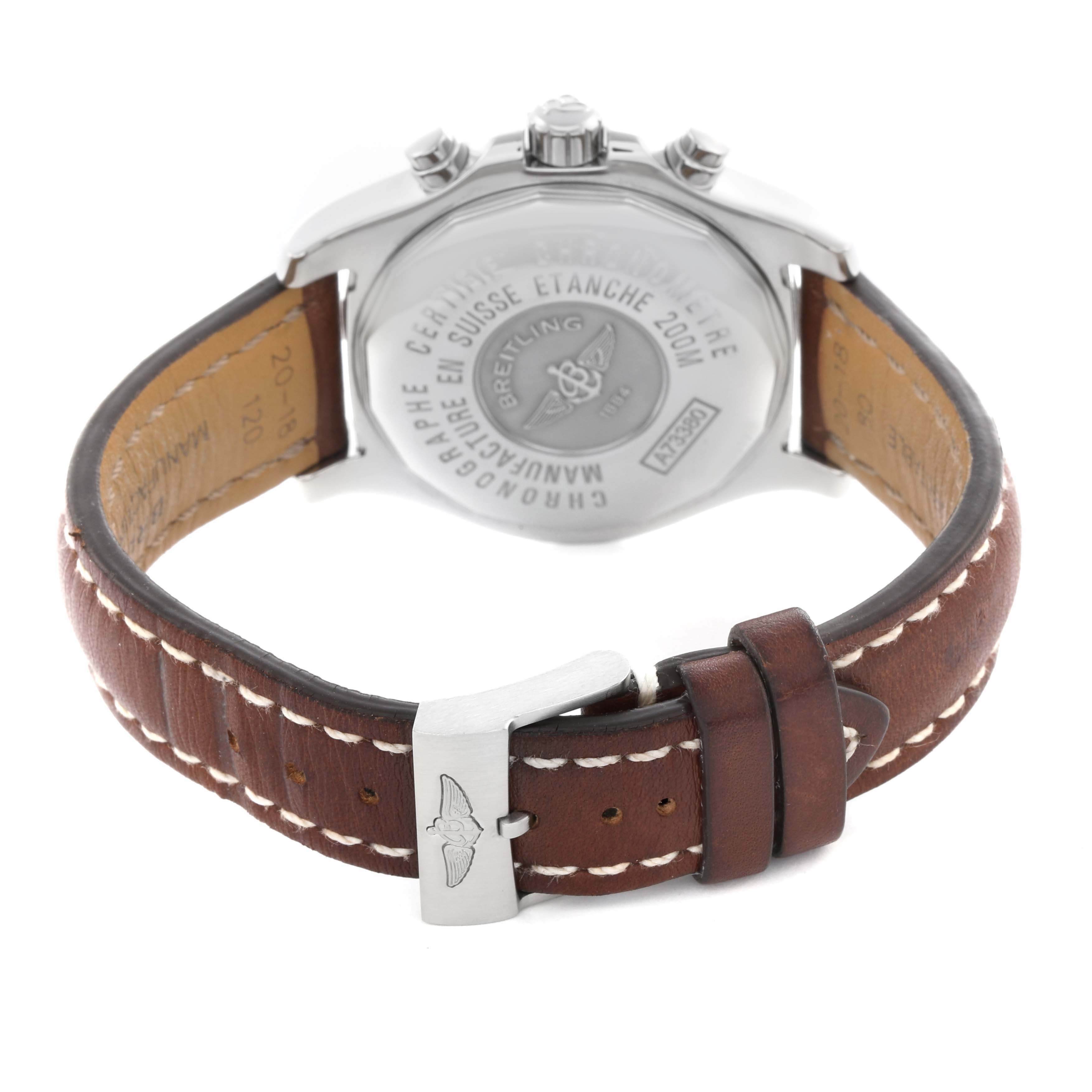 The image shows the Breitling Colt A73380 Men's Stainless Steel Silver Dial A73380 Men's Stainless Steel Silver Dial model from the back, highlighting the case back, strap, and buckle.