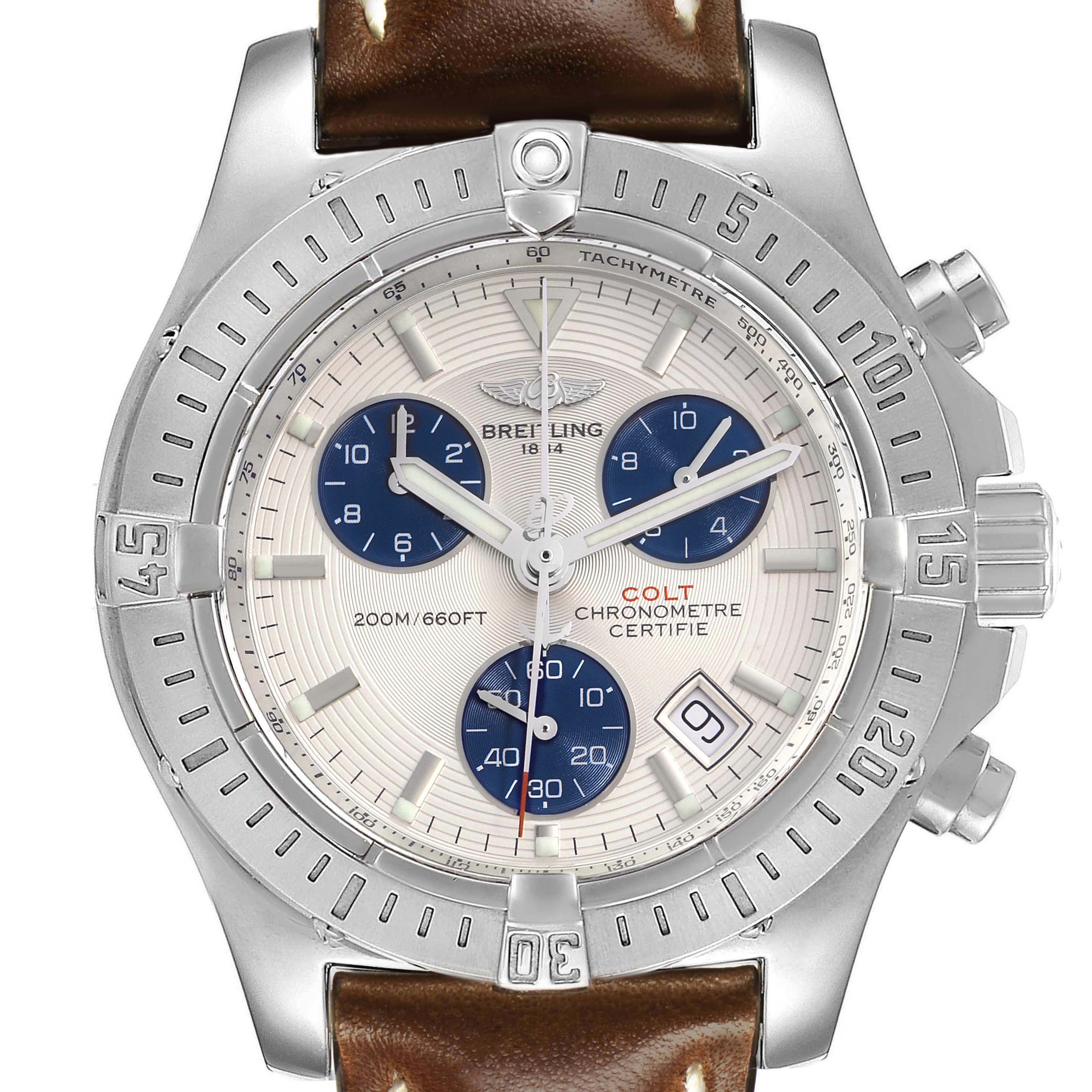 The Breitling Colt A73380 Men's Stainless Steel Silver Dial A73380 Men's Stainless Steel Silver Dial watch is shown from the front, highlighting its dial, bezel, crown, and leather strap.