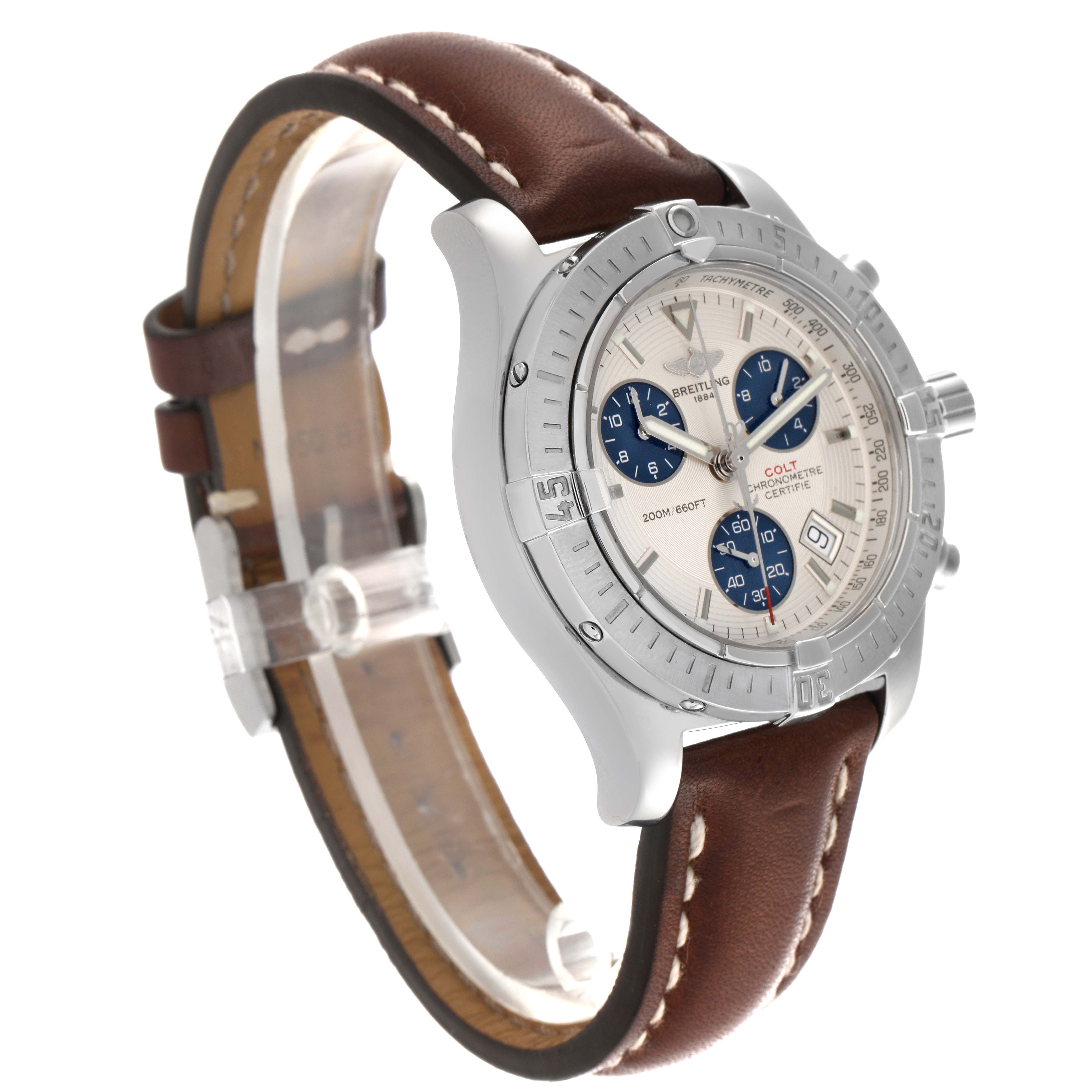 The Breitling Colt A73380 Men's Stainless Steel Silver Dial A73380 Men's Stainless Steel Silver Dial watch is shown at a slight angle highlighting the dial, bezel, and brown leather strap.