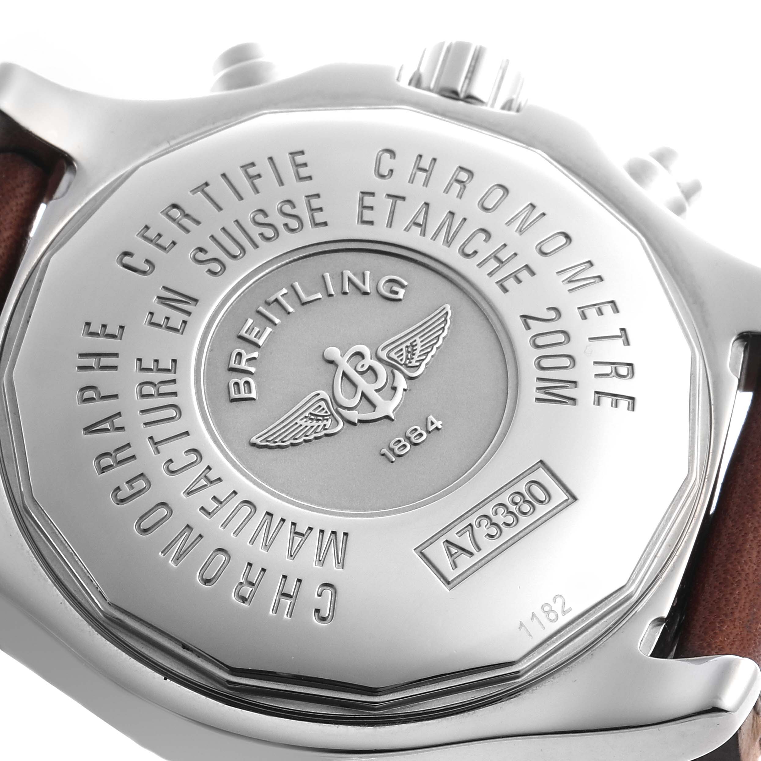 The image shows the back of the Breitling Colt A73380 Men's Stainless Steel Silver Dial A73380 Men's Stainless Steel Silver Dial watch, highlighting the engraved details and logo.