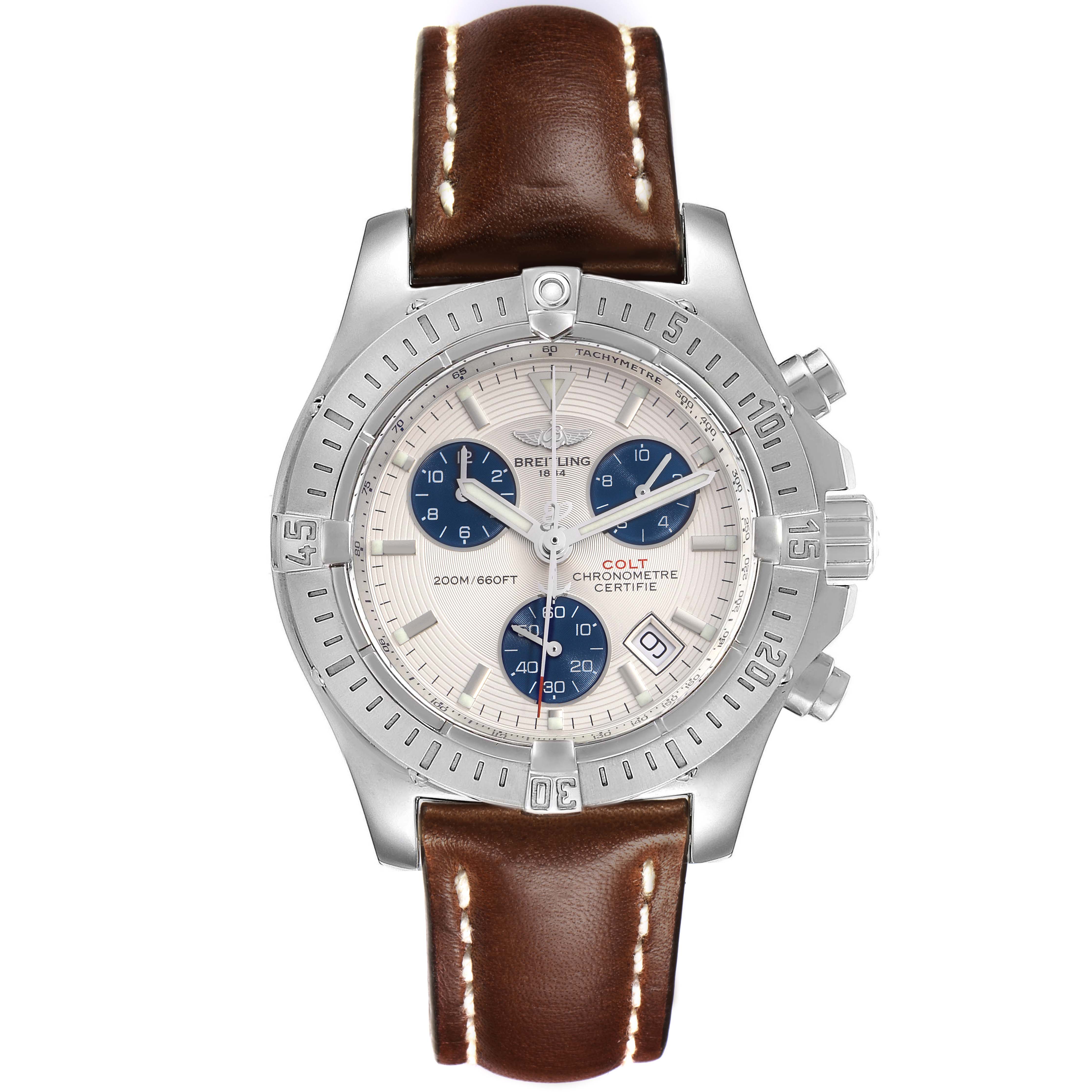 The Breitling Colt A73380 Men's Stainless Steel Silver Dial A73380 Men's Stainless Steel Silver Dial watch is shown from a front angle, displaying the dial, bezel, subdials, and brown leather strap.