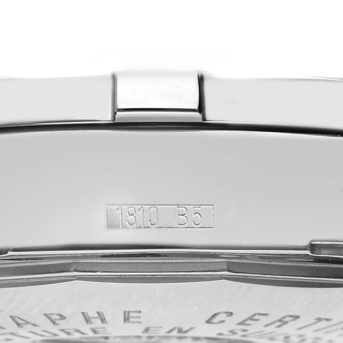 The image shows a close-up of the Breitling Colt A73380 Men's Stainless Steel Silver Dial A73380 Men's Stainless Steel Silver Dial watch clasp with visible engraving details.