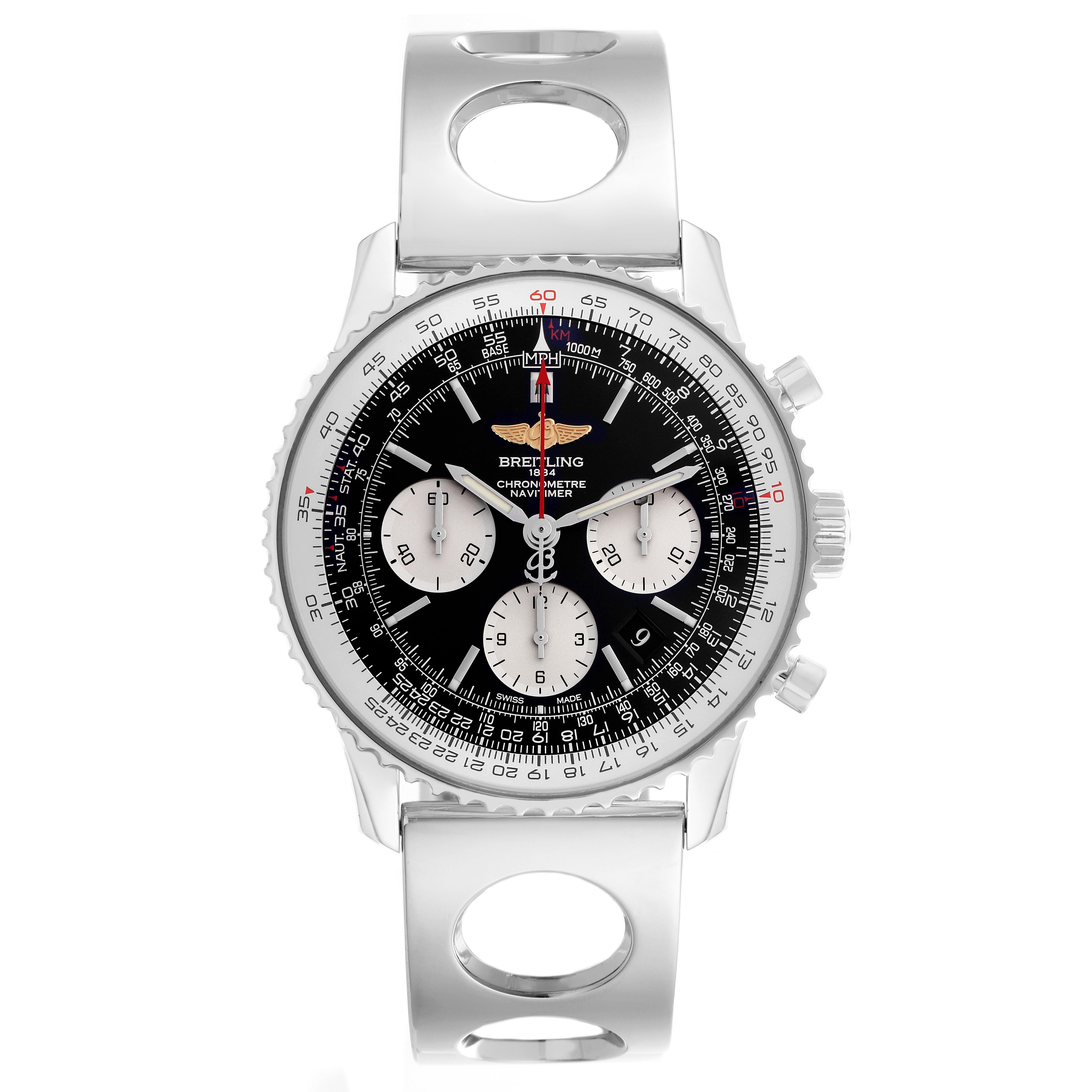The Breitling Navitimer AB0120 Men's Stainless Steel Black Dial AB0120 Men's Stainless Steel Black Dial is shown from a front angle, highlighting its dial, bezel, and distinct cutout bracelet.