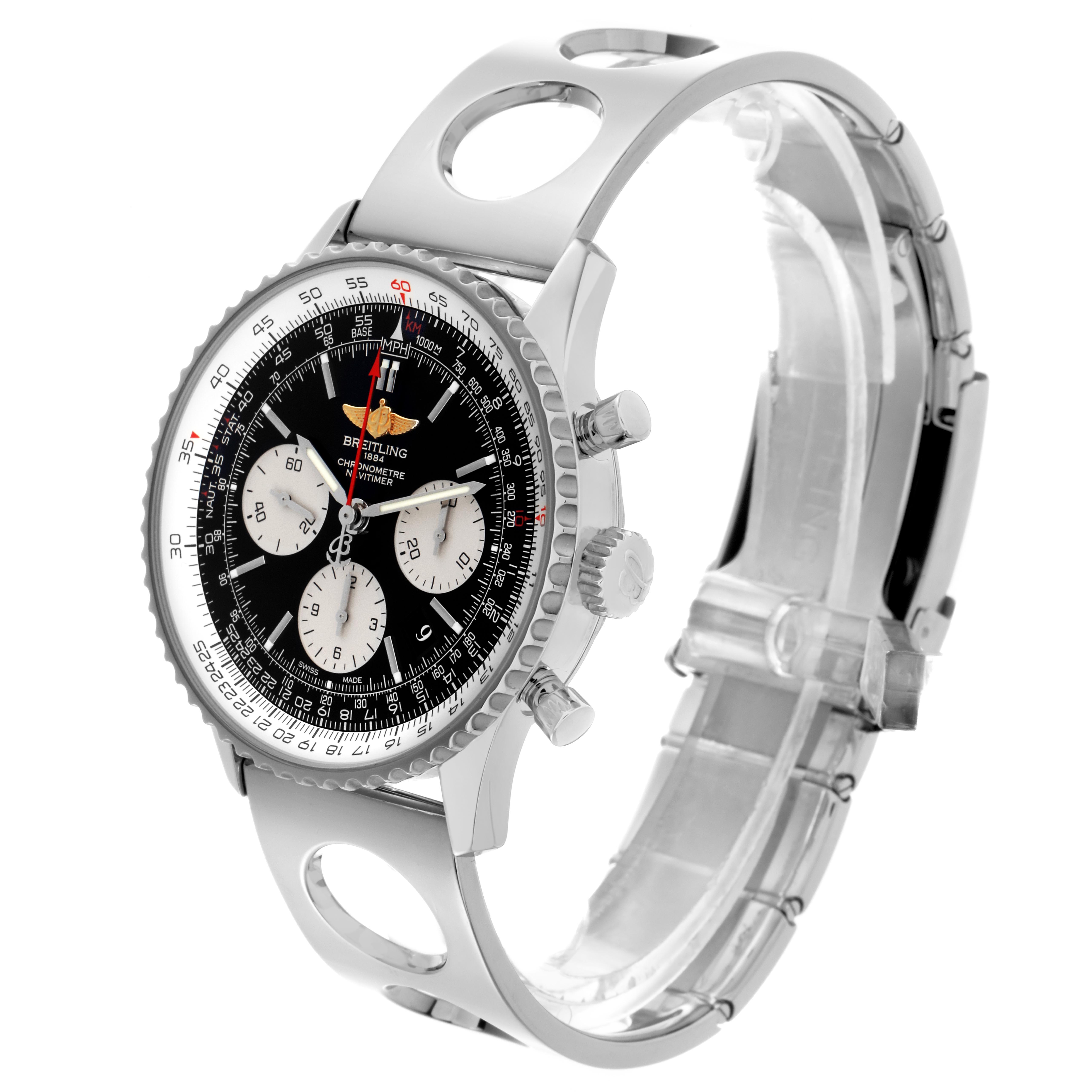 The Breitling Navitimer AB0120 Men's Stainless Steel Black Dial AB0120 Men's Stainless Steel Black Dial watch is shown at a three-quarter angle, highlighting the face, bezel, pushers, and bracelet.