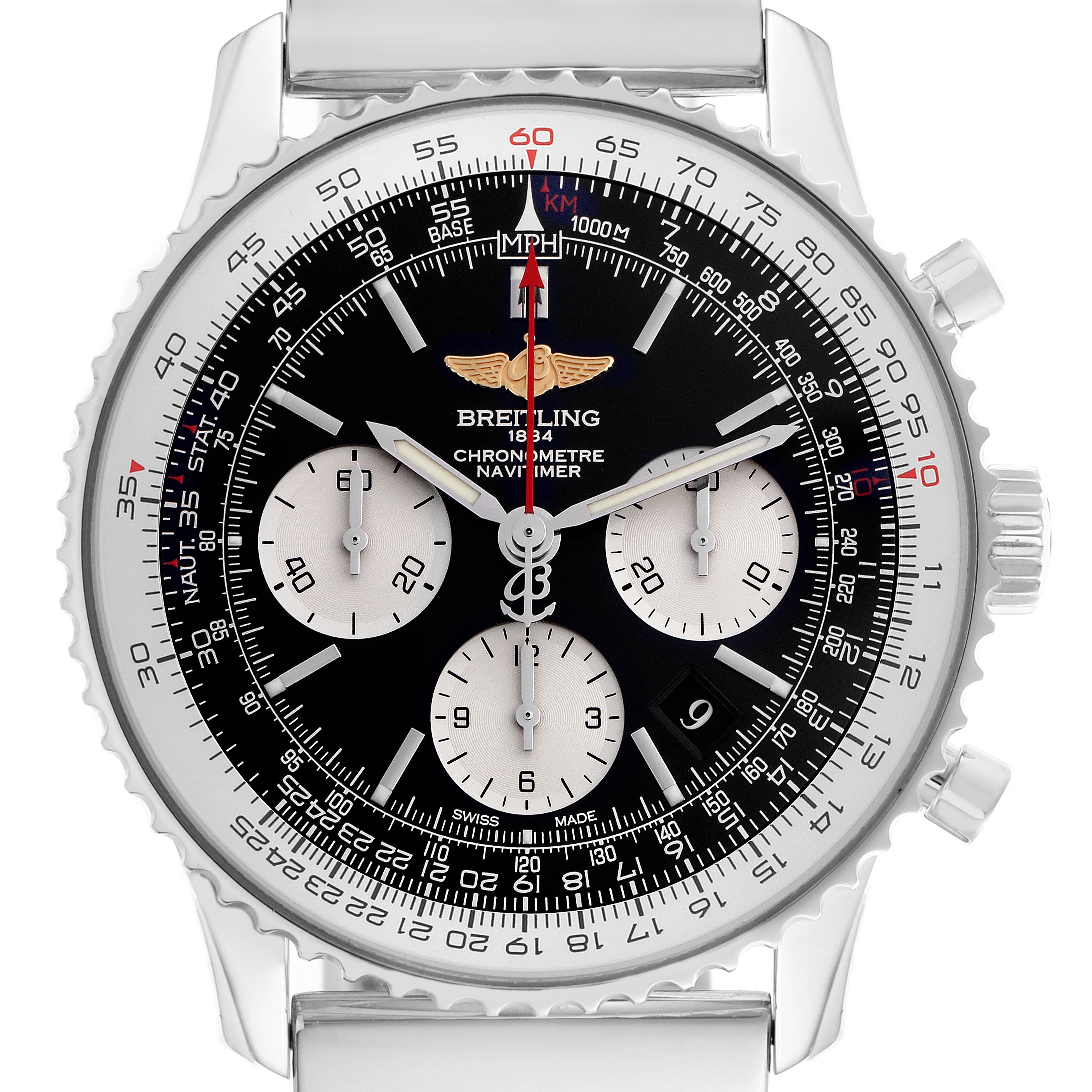 The Breitling Navitimer AB0120 Men's Stainless Steel Black Dial AB0120 Men's Stainless Steel Black Dial watch is shown from the front, highlighting its black dial, three subdials, and slide-rule bezel.