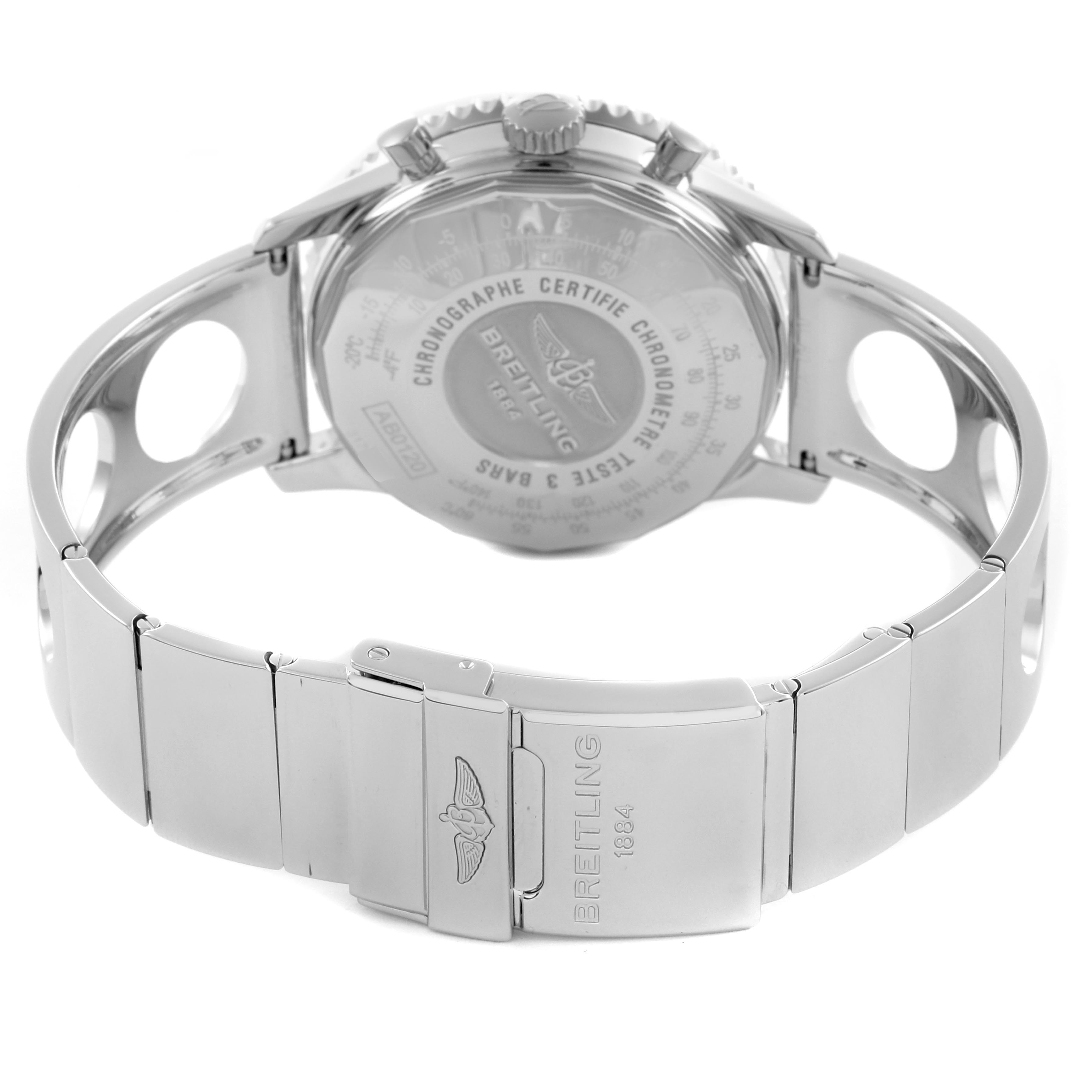 The image shows the back of a Breitling Navitimer AB0120 Men's Stainless Steel Black Dial AB0120 Men's Stainless Steel Black Dial watch, highlighting the case back and the closed clasp of the metal bracelet.