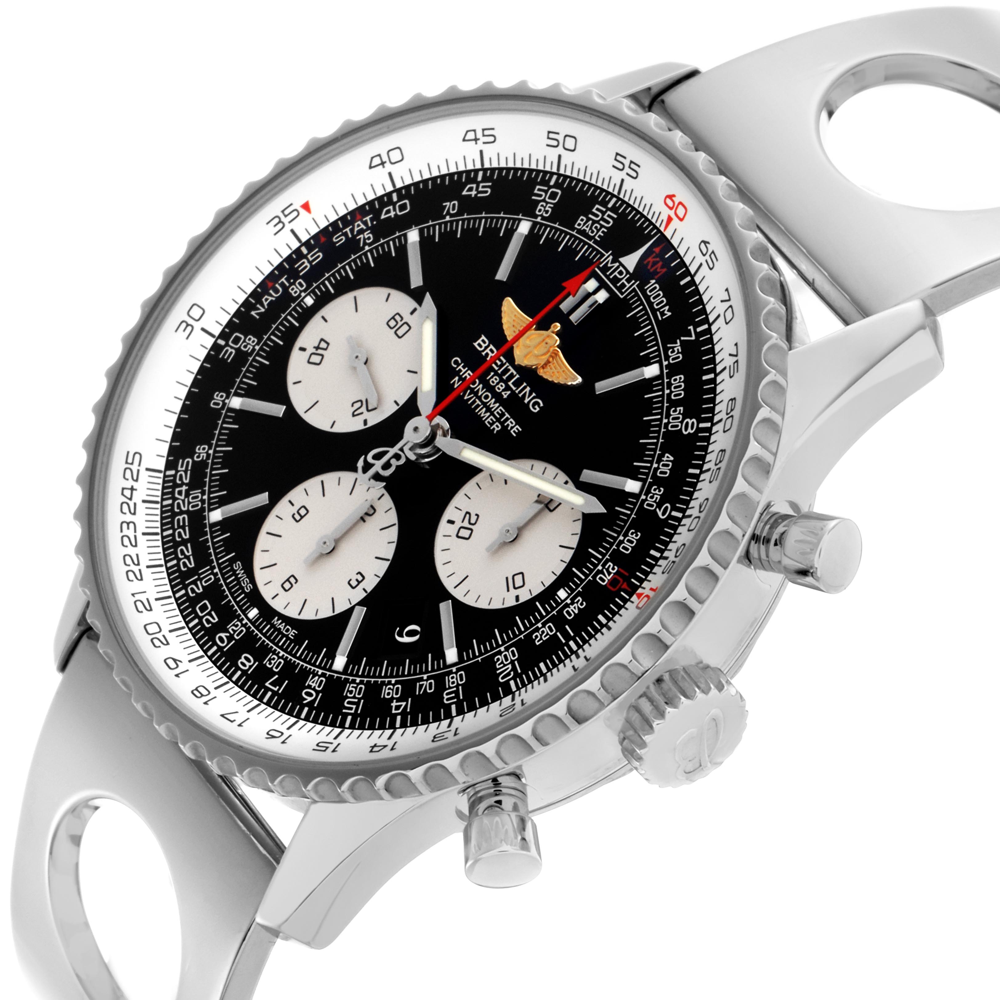 The Breitling Navitimer AB0120 Men's Stainless Steel Black Dial AB0120 Men's Stainless Steel Black Dial watch is shown at a three-quarter angle, emphasizing its face, bezel, and side pushers.