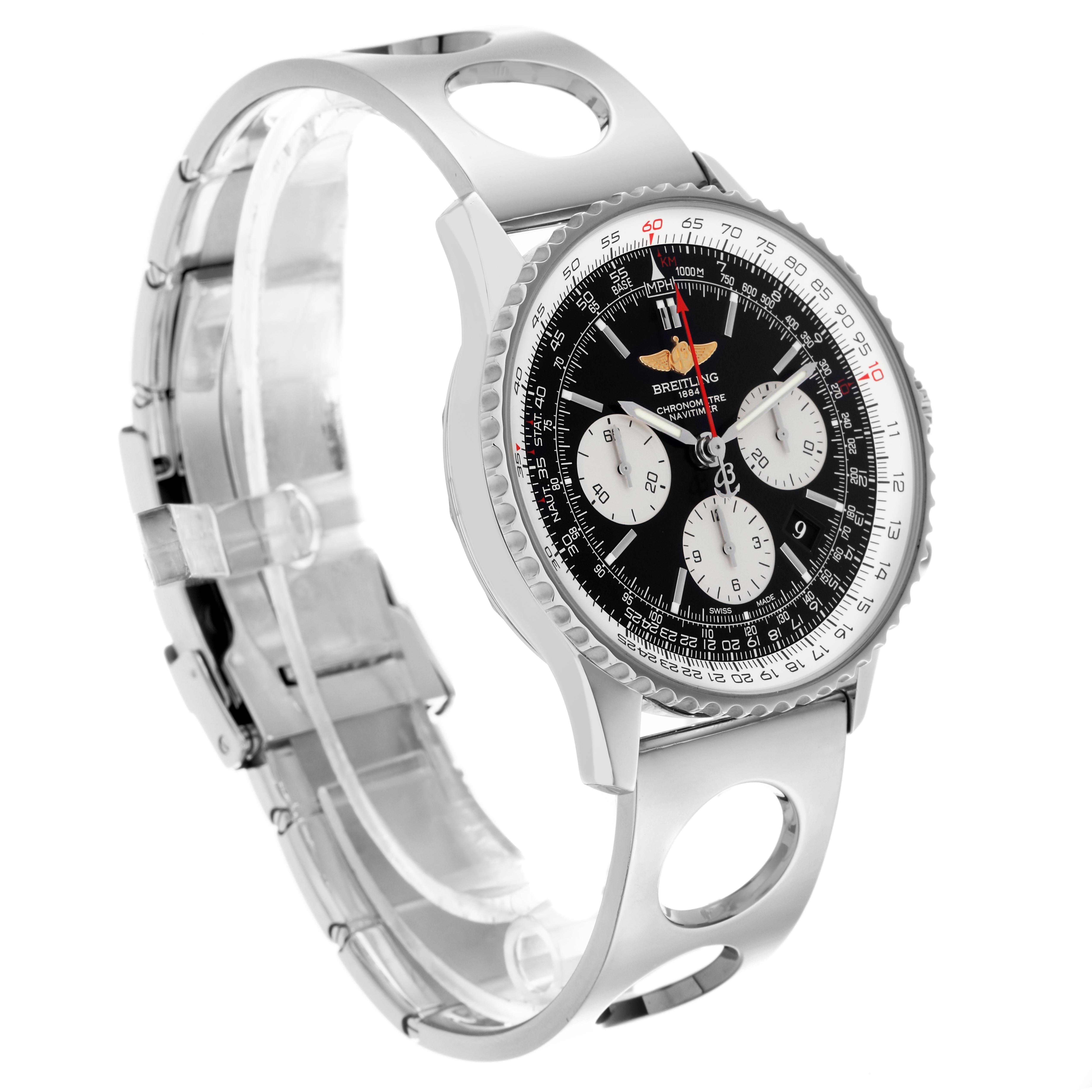 The Breitling Navitimer AB0120 Men's Stainless Steel Black Dial AB0120 Men's Stainless Steel Black Dial watch is shown at an oblique angle, featuring the bezel, dial, and a partial view of the bracelet.